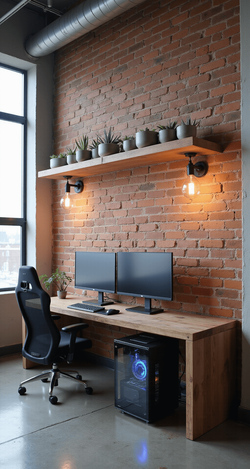 A high-angle view of a minimalist industrial-style gaming setup in a loft, featuring a long reclaimed wood desk with a clear-side panel water-cooled PC, three mounted monitors, a modern black mesh gaming chair, and indirect lighting from Edison bulb floor lamps illuminating a brick feature wall and succulent decor on a floating shelf.