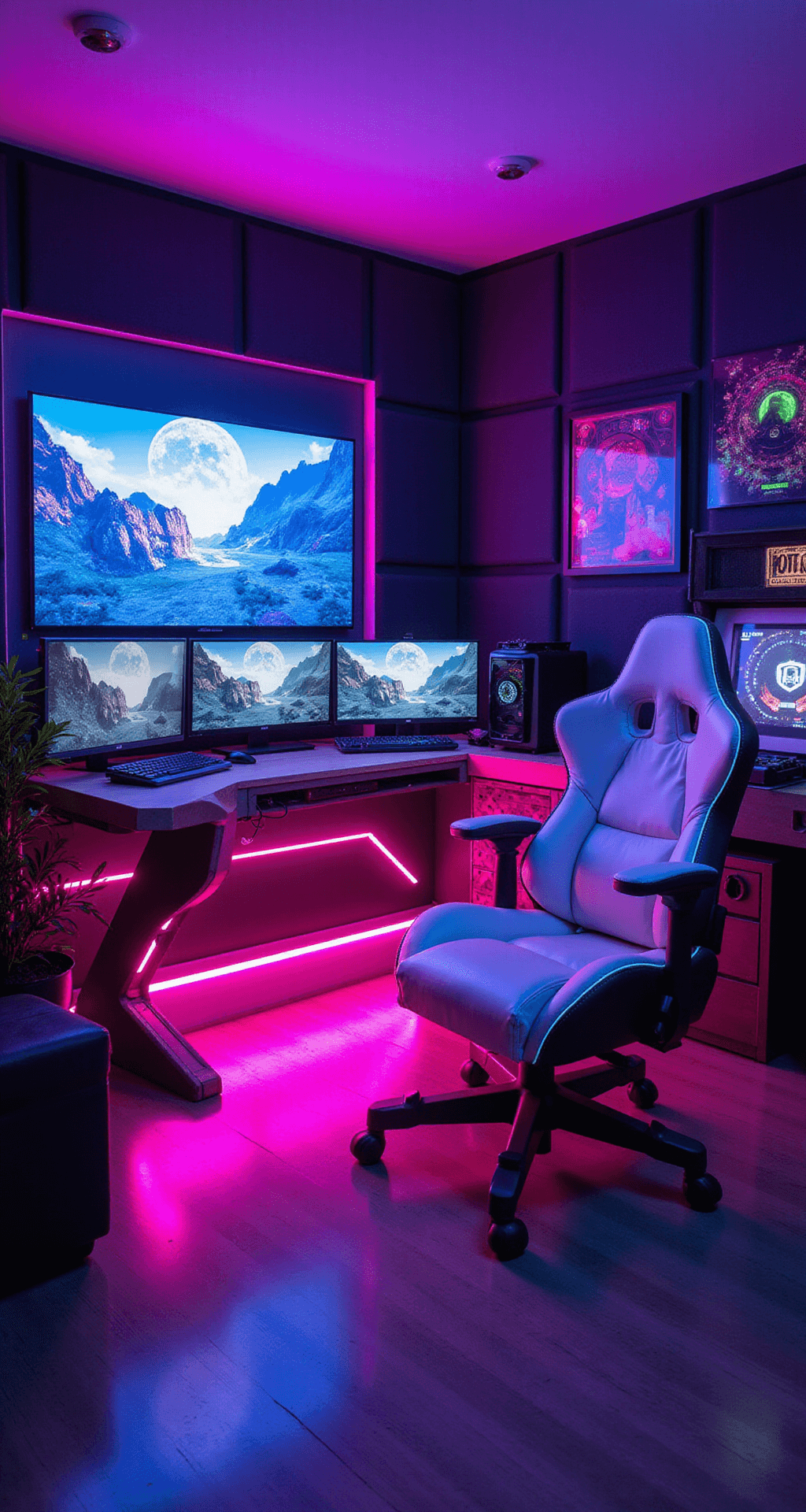 A retro-futuristic gaming cave featuring neon-lit walls, a curved pod-like desk with LED lighting, a high-end gaming PC, triple monitors in a cockpit arrangement, a race car-style gaming chair, blacklight posters, and an arcade cabinet, all captured in a symmetrical head-on view with deep shadows enhancing the glow.