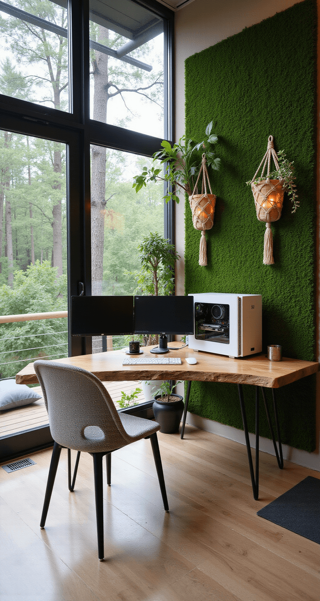 A serene gaming retreat featuring a wooden desk with a white gaming rig, dual monitors adorned with trailing plants, an ergonomic grey chair, and a green moss wall, all framed by large windows showcasing a lush forest, with soft daylight and warm LED lighting. A meditation cushion and yoga mat hint at a wellness-focused environment.