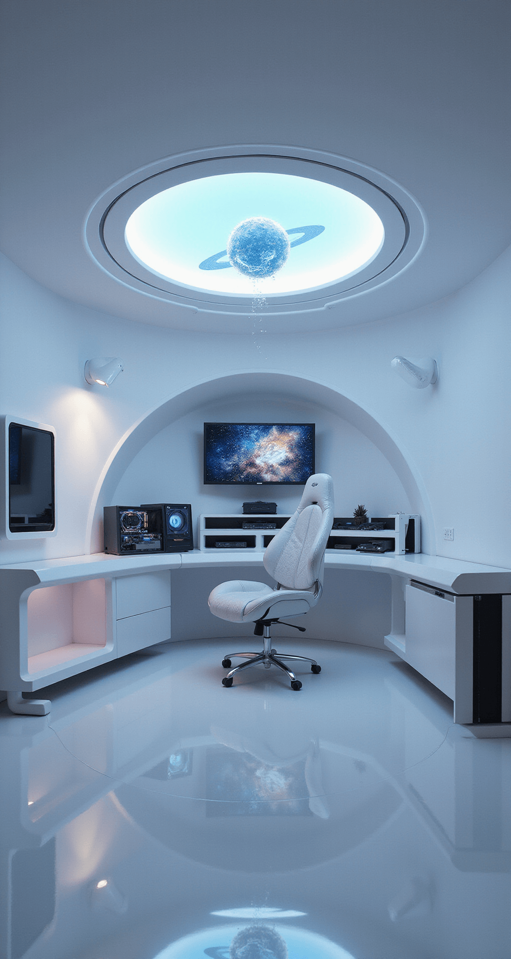 A futuristic gaming command center featuring glossy white curved walls, a floating crescent-shaped console, a holographic display, and a sculptural PC case resembling an abstract satellite, complemented by a zero-gravity recliner and ambient LED lighting, all captured from a fish-eye perspective.