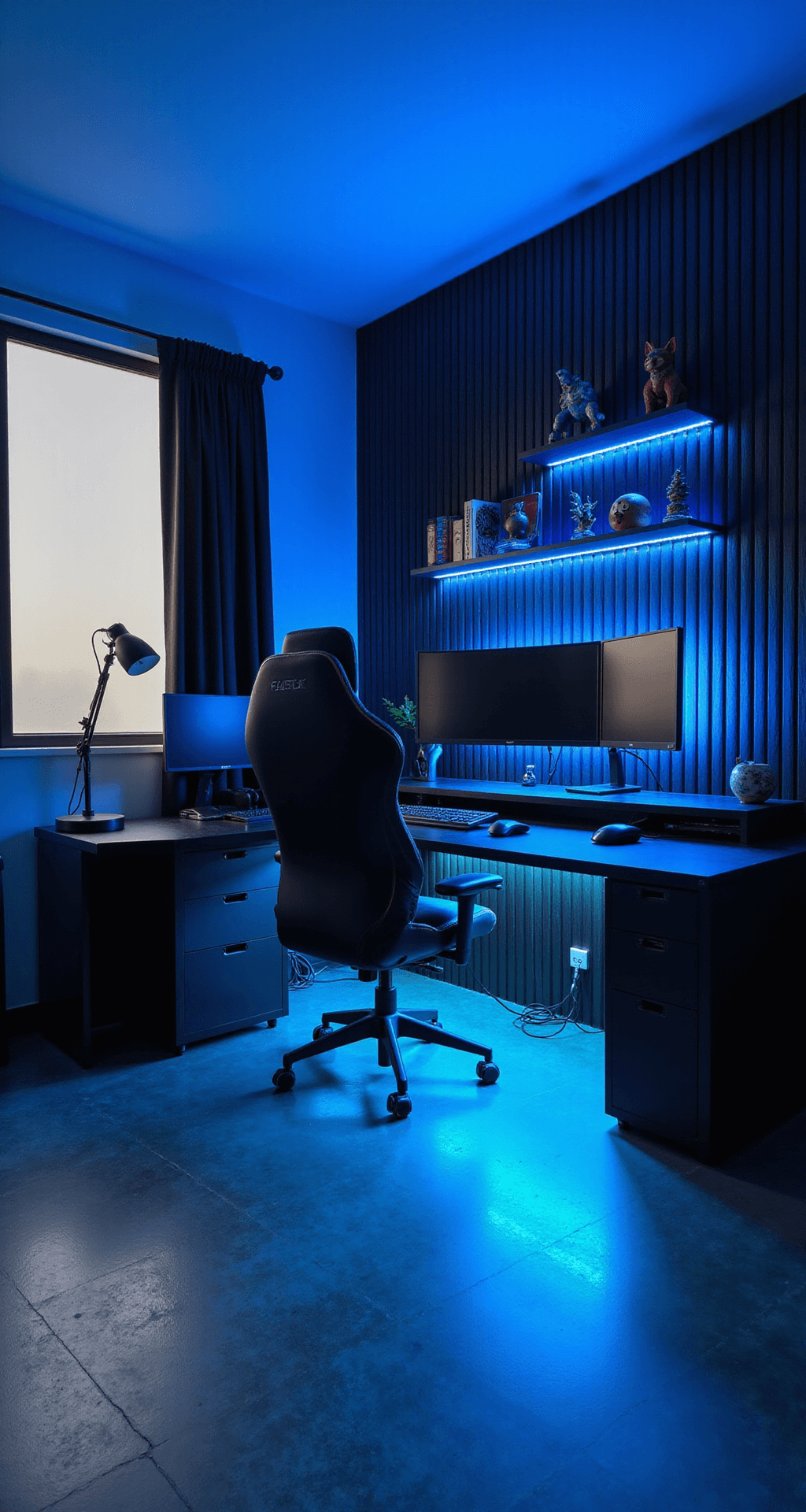 A modern gaming room featuring a sleek black desk with a curved ultrawide monitor, vertical screens, and a matte black leather gaming chair, all illuminated by soft blue LED lights, with collectibles on floating shelves and polished concrete floors reflecting the ambiance.
