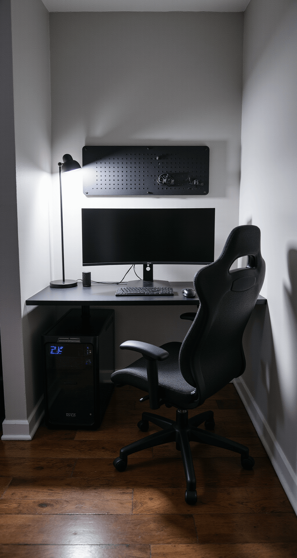 A minimalist gaming nook in an 8x10 ft alcove, featuring a matte black floating desk, an ultrawide monitor, a sleek black PC case, and a charcoal mesh gaming chair, all against light gray walls. Indirect LED strips glow behind the monitor, while a small black pegboard displays peripherals. Dark walnut hardwood flooring and a corner floor lamp enhance the cozy, intimate atmosphere.