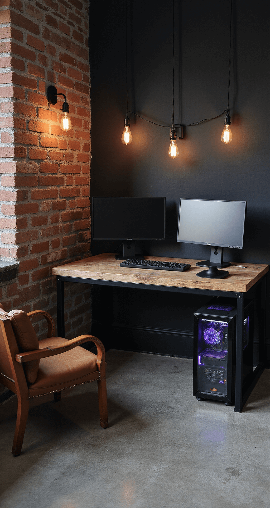 A moody industrial-chic home office and gaming space featuring a black metal and reclaimed wood desk with dual 27-inch monitors, a gaming PC with RGB lighting, exposed matte black brick walls, Edison bulb pendant lights, polished concrete flooring, and a vintage leather armchair.