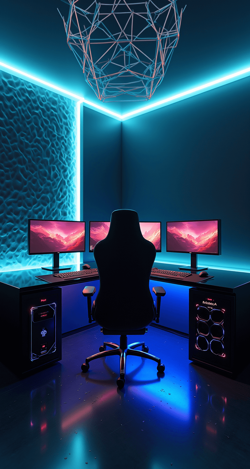 A sleek, futuristic gaming command center featuring an L-shaped black glass desk with three monitors and a central 32-inch 4K display, set against hexagonal acoustic panels and illuminated by programmable LEDs, with a high-tech racing chair and glossy epoxy floor reflecting metallic flakes.