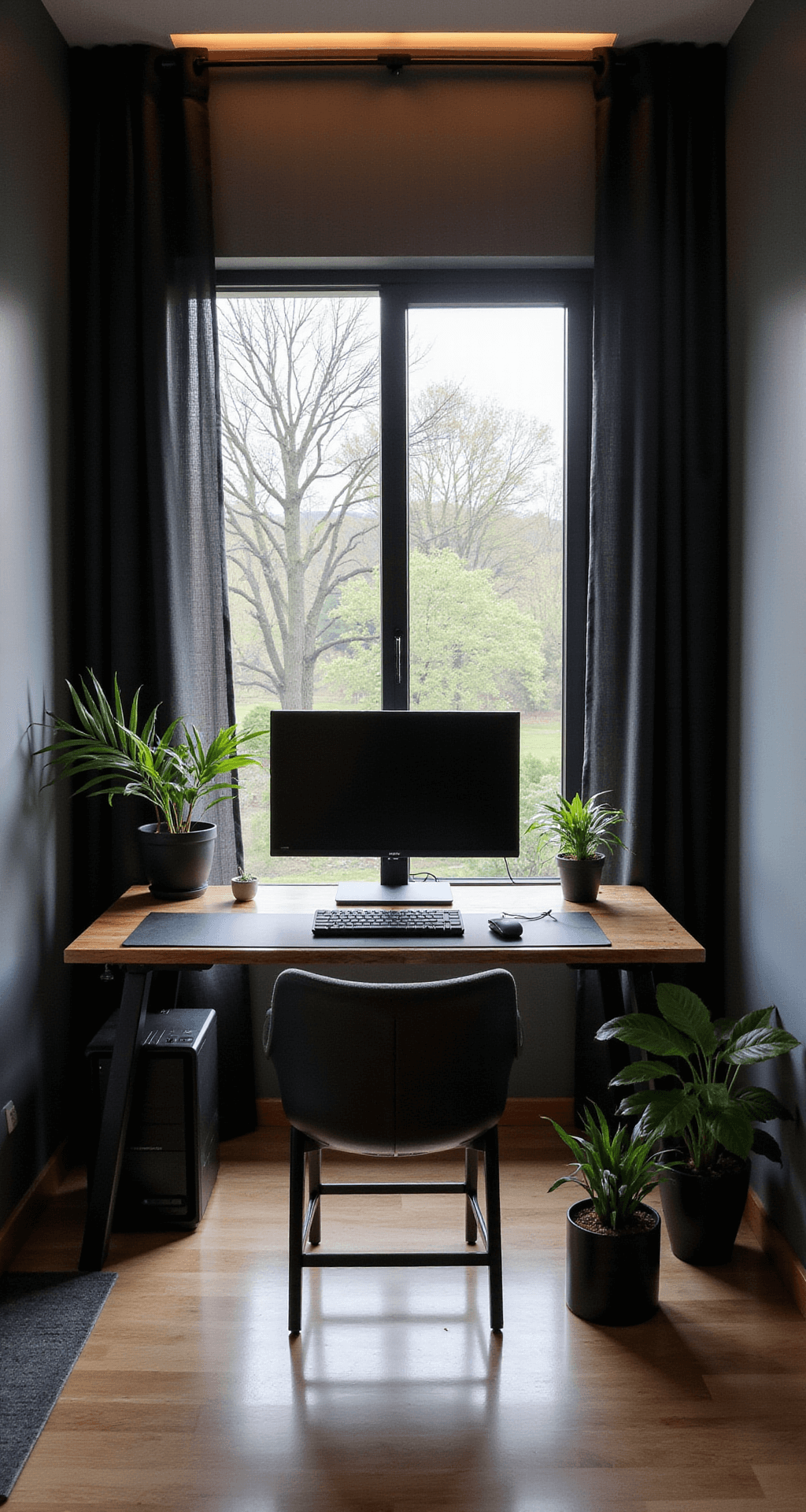 A serene gaming retreat featuring a black bamboo desk with an ultrawide monitor and minimalist setup, surrounded by potted plants and a tatami mat meditation area, illuminated by soft LED strips against textured charcoal walls.