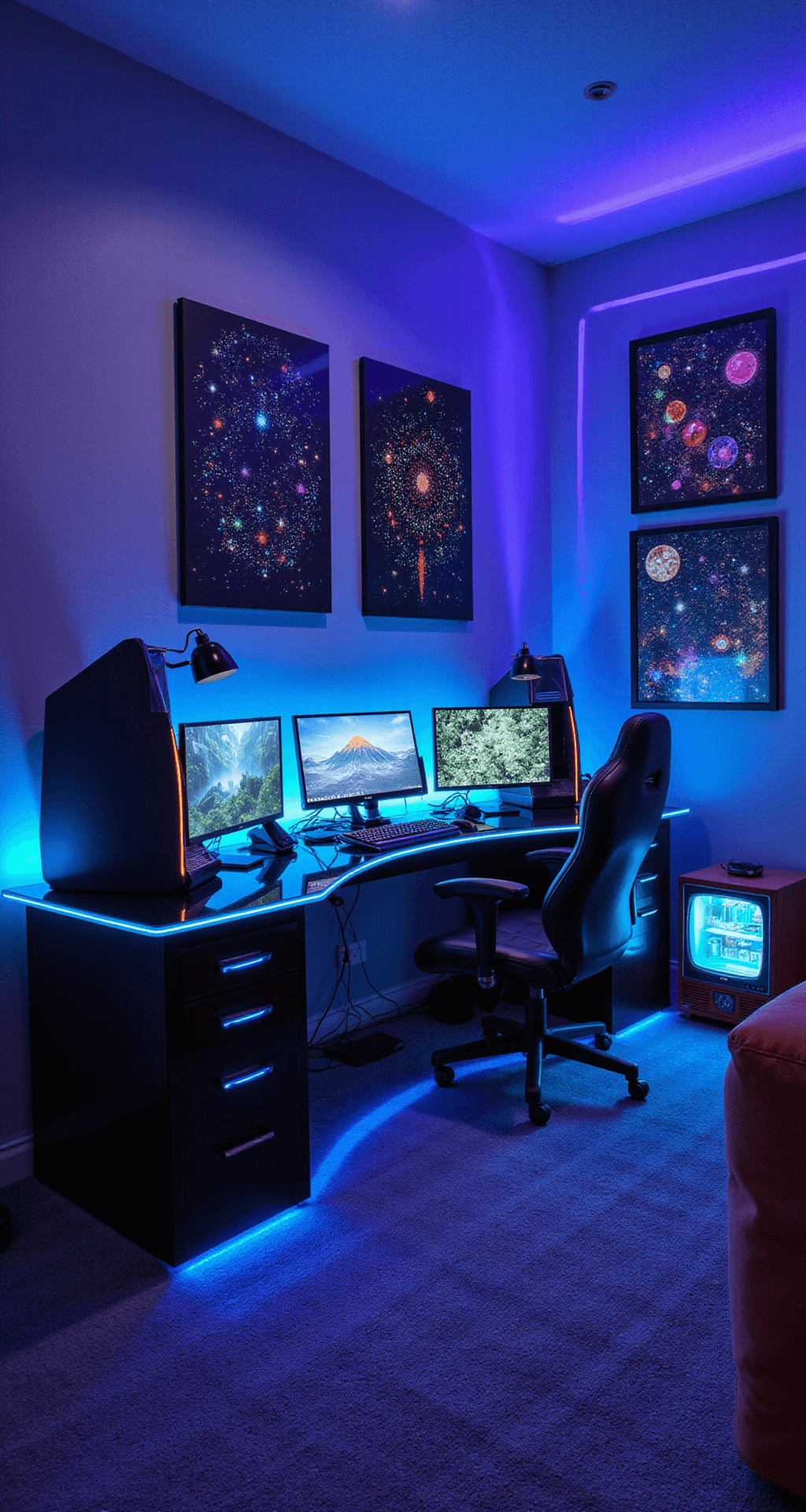 A vibrant retro-future gaming den featuring a glossy black acrylic desk with neon blue edge lighting, three monitors in an arc, vintage arcade cabinets, an 80s car seat-inspired gaming chair, LED pixel art wall displays, a deep space-themed carpet, an old TV-styled mini-fridge, and glowing blacklight posters, all captured in a playful and energetic atmosphere.