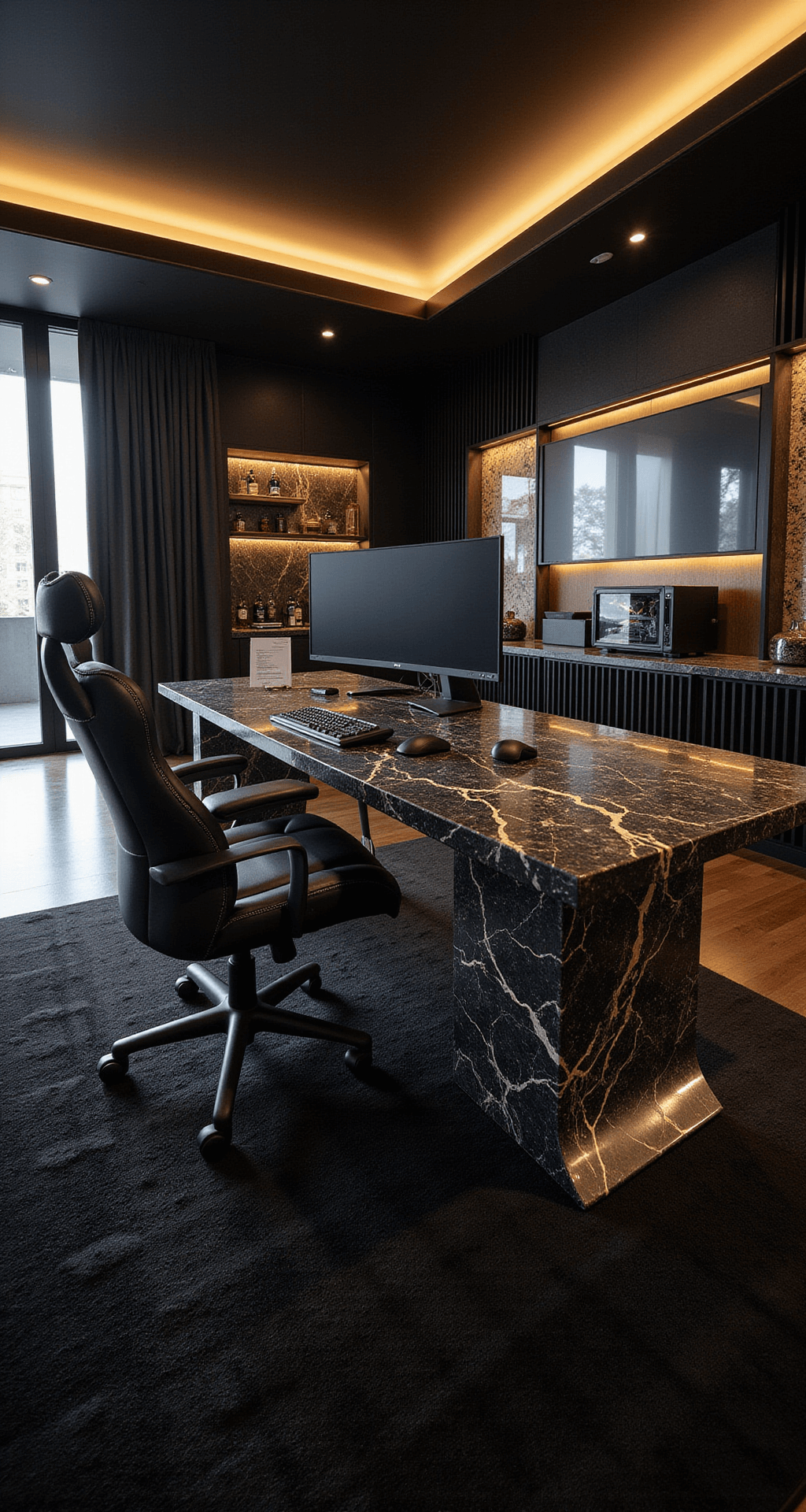 A luxurious gaming suite featuring a black marble desk with gold veining, a 49-inch ultra-wide monitor, a custom gaming PC, and premium black leather chair with gold stitching, complemented by ambient lighting and a wet bar, all set against plush carpet and automated blackout blinds.