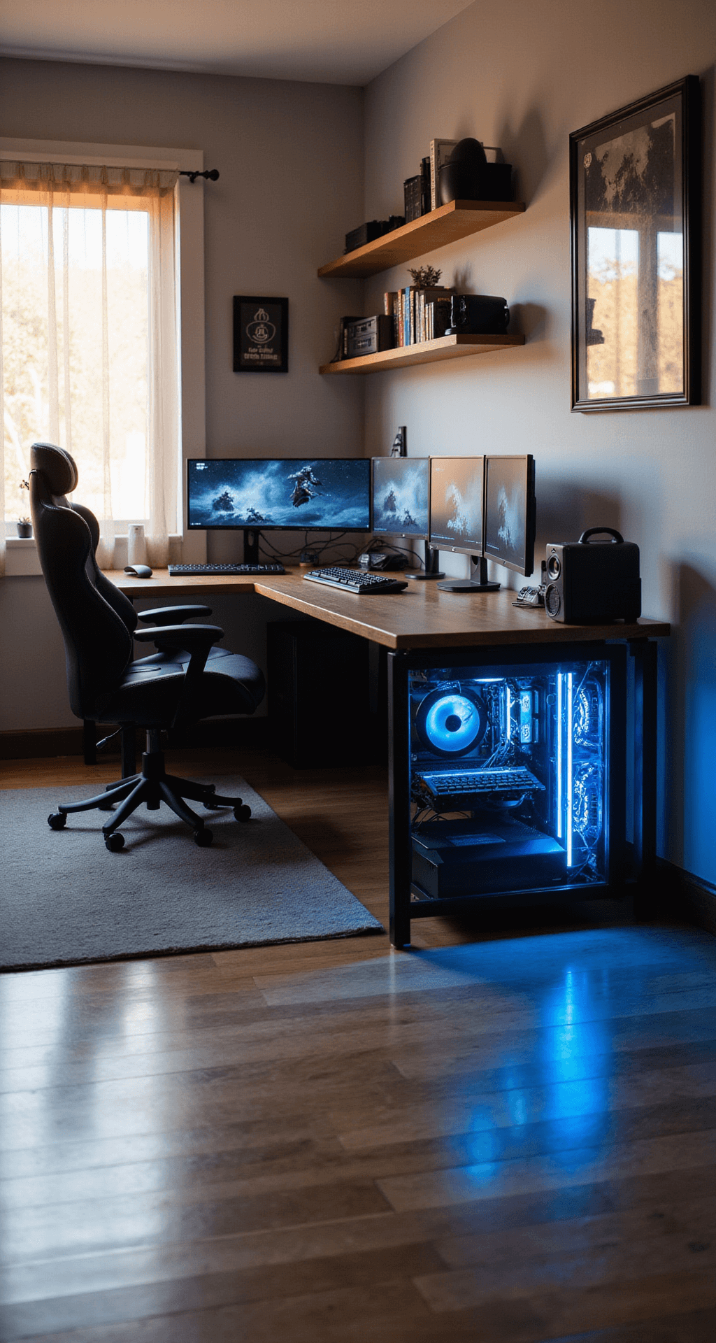 A cozy 10' x 10' gaming room illuminated by warm afternoon light, featuring a sleek L-shaped desk with a custom-built PC, three curved monitors, a black leather gaming chair, minimalist posters, collectible displays on floating shelves, and a soft gray area rug on hardwood floor, all enhanced by pops of electric blue LED lighting.