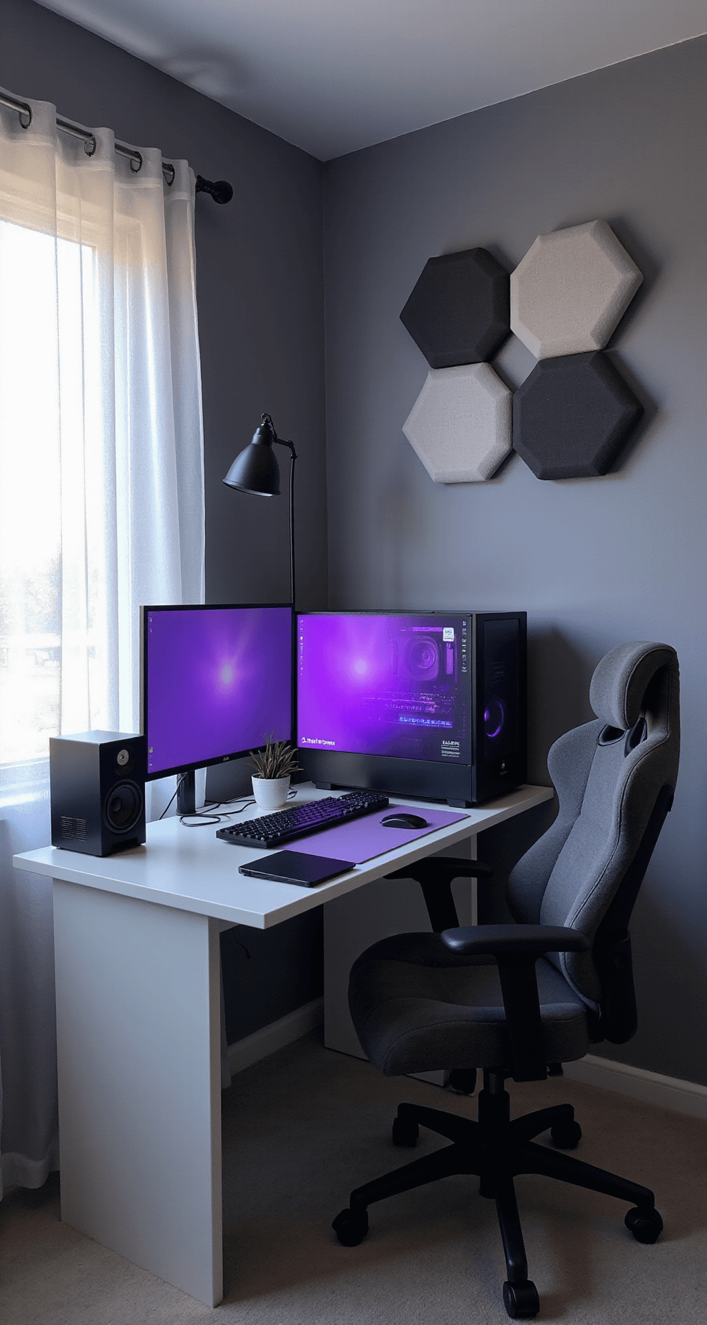 Cozy 8' x 8' corner gaming setup in a modern apartment with a white IKEA Alex desk, dual monitors on articulating arms, a mid-tower PC case emitting a purple glow, charcoal gray gaming chair, hexagonal acoustic panels, and a small snake plant, all bathed in early morning light.