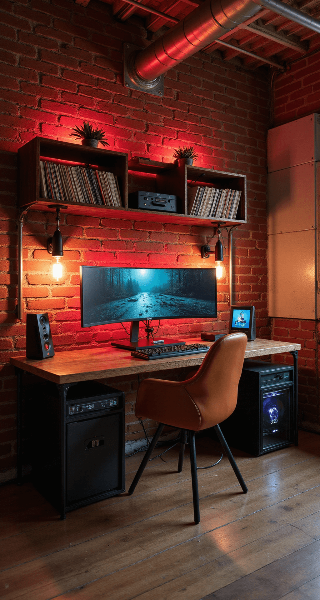 An industrial-style gaming loft with exposed brick walls, high ceilings, and warm dim lighting. A reclaimed wood desk holds a water-cooled PC with glowing red tubing, flanked by an ultrawide monitor and vertical displays. A cognac leather Eames-style chair sits in front, while metal shelves display vinyl records and vintage consoles. The atmosphere features warm earth tones with red accents, captured from a low angle emphasizing the space's height.