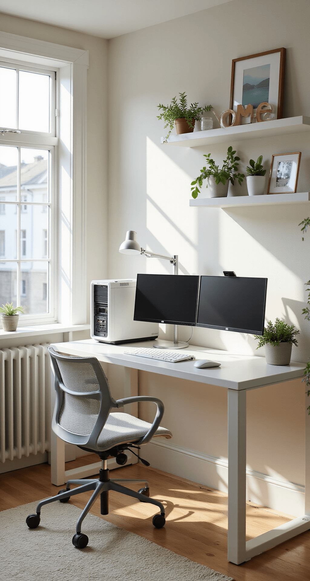Bright, airy home office and gaming space featuring a minimalist white desk with dual monitors, ergonomic chair, and decorative floating shelves. The soft cream walls and light wood tones enhance the Scandinavian aesthetic, illuminated by midday sunlight.