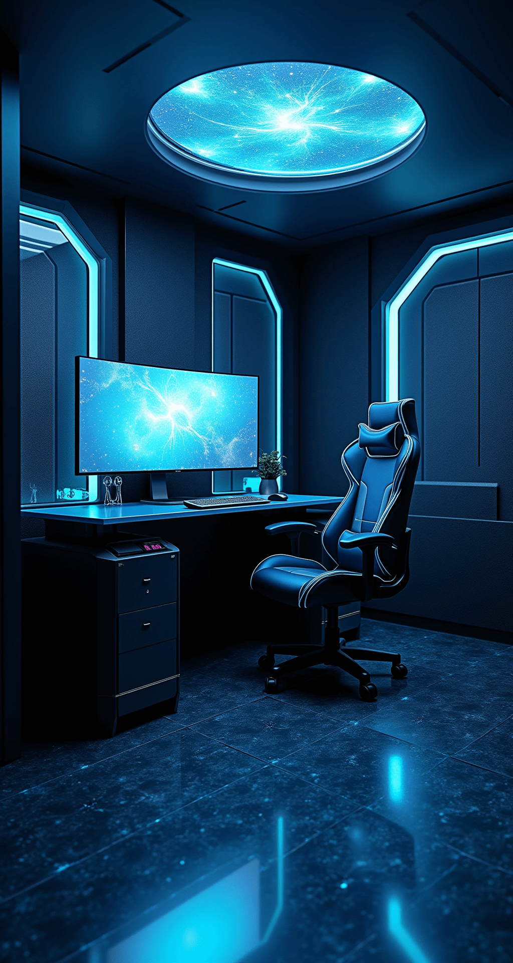 A futuristic gaming cave featuring a glowing custom-built PC with vibrant blue coolant, a curved ultra-wide monitor, sleek carbon fiber desk with wireless charging, and a racing-style gaming chair. The room is illuminated by programmable LED lights, with sound-absorbing panels and a glossy galaxy-patterned floor, all in deep blacks and vibrant cyans.