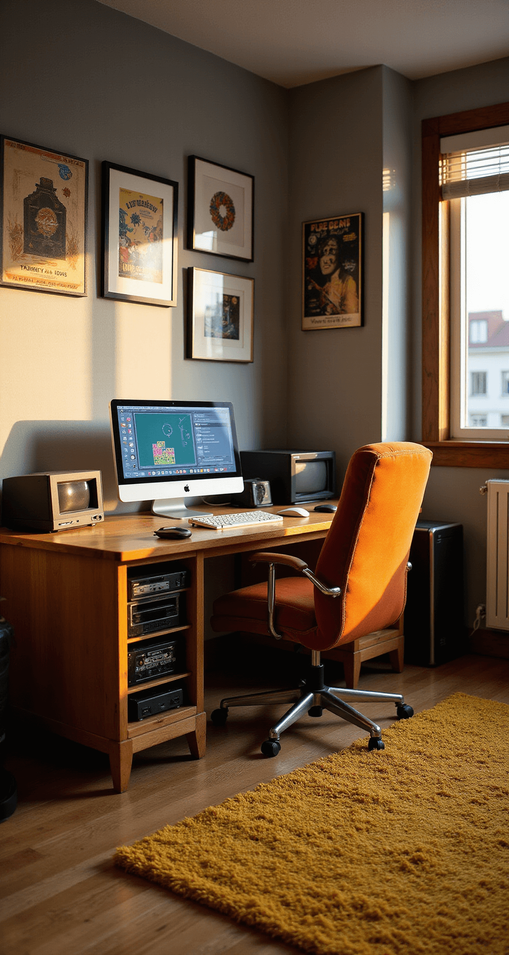 A retro-inspired gaming room with warm golden hour lighting, featuring a custom wooden desk with a sleek PC build and vintage computer parts, flanked by CRT monitors and a modern display. A restored mid-century chair in burnt orange velvet, framed pixel art and vintage posters on the walls, and a shag rug in mustard yellow complete the nostalgic atmosphere, blending warm retro tones with modern grays.