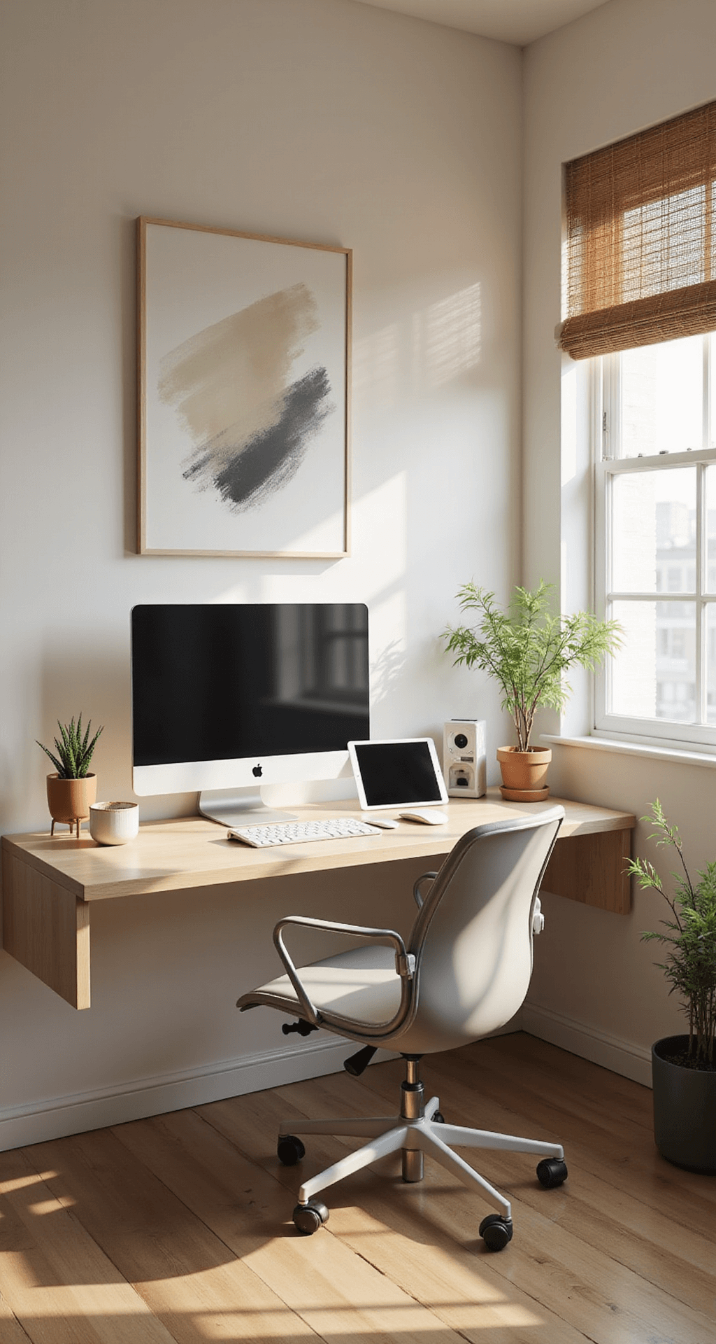 A minimalist gaming sanctuary featuring a light ash wood floating desk with a white PC build and subtle RGB lighting, an ultrawide monitor, and a light gray ergonomic kneeling chair, bathed in early morning light filtering through bamboo blinds. Natural elements include potted bamboo and a small Zen garden, set against calming off-white walls with a large brushstroke painting. The space showcases a soft, natural color palette with high-key lighting.