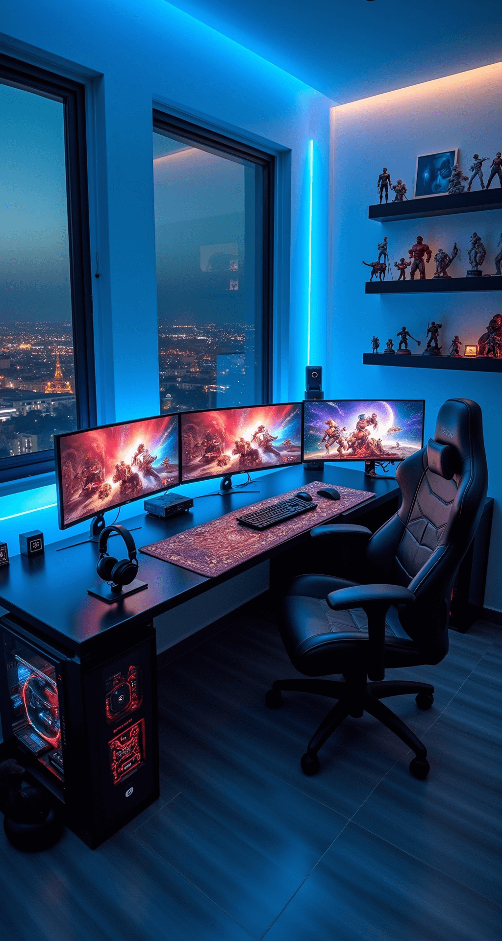 A spacious 15x15ft gaming room with blue LED lighting, showcasing a sleek L-shaped desk with triple curved monitors, a glowing custom PC tower, and an ergonomic black leather gaming chair with red accents. Floor-to-ceiling windows reveal twinkling city lights, while floating shelves display collectibles. A large sci-fi mousepad covers half the desk, and headphones hang from a brushed metal stand, all captured in a wide-angle perspective.