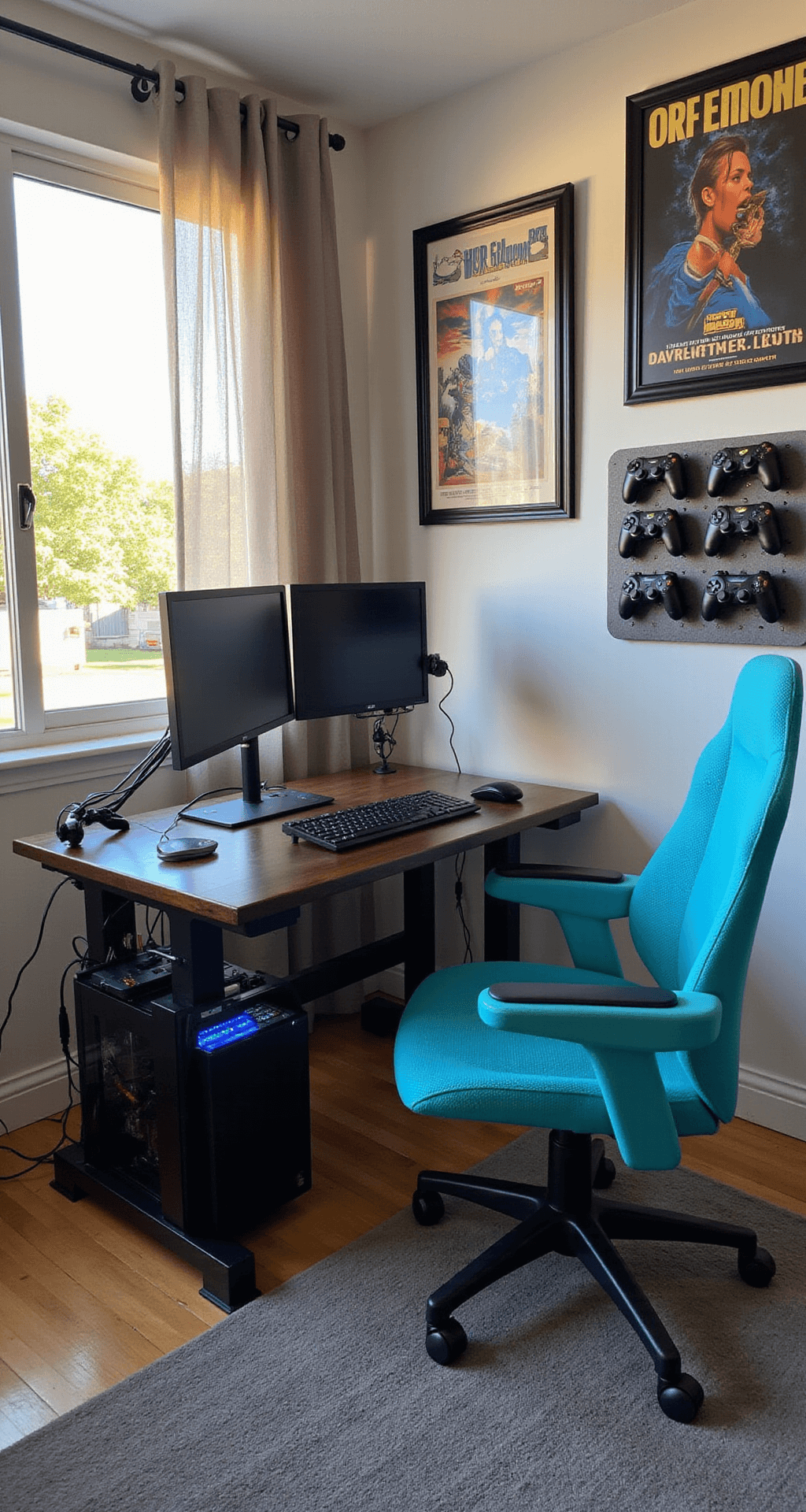 A cozy 10x12ft bedroom transformed into a gaming haven, featuring dual monitors on articulating arms, a compact gaming desk with cable management, a small form factor PC with a glass panel, a bright cyan mesh chair, vintage game posters on the walls, and a soft gray area rug, all illuminated by natural light filtering through sheer curtains.