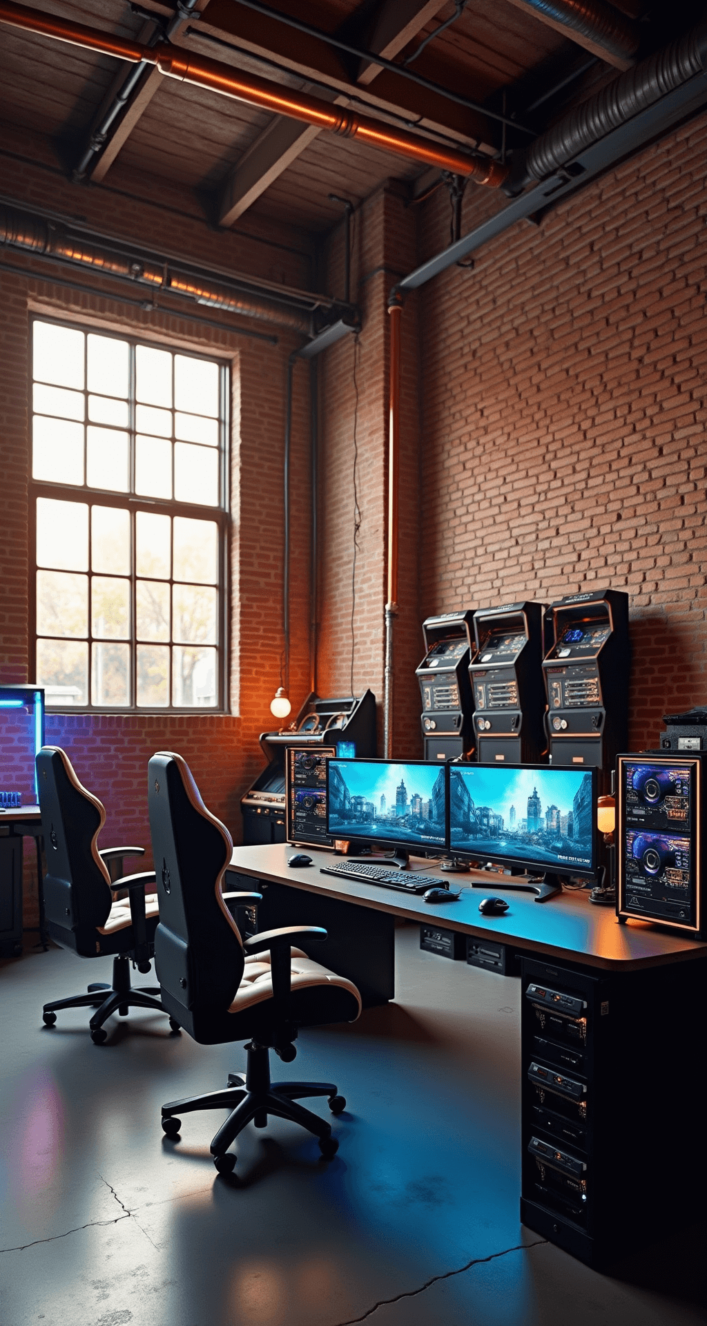 An industrial-chic gaming loft with high ceilings and exposed brick walls, featuring a U-shaped dual gaming desk setup with ultrawide and vertical monitors, high-end PC towers, matching gaming chairs, and vintage arcade cabinets, all bathed in warm golden hour light streaming through large factory windows.