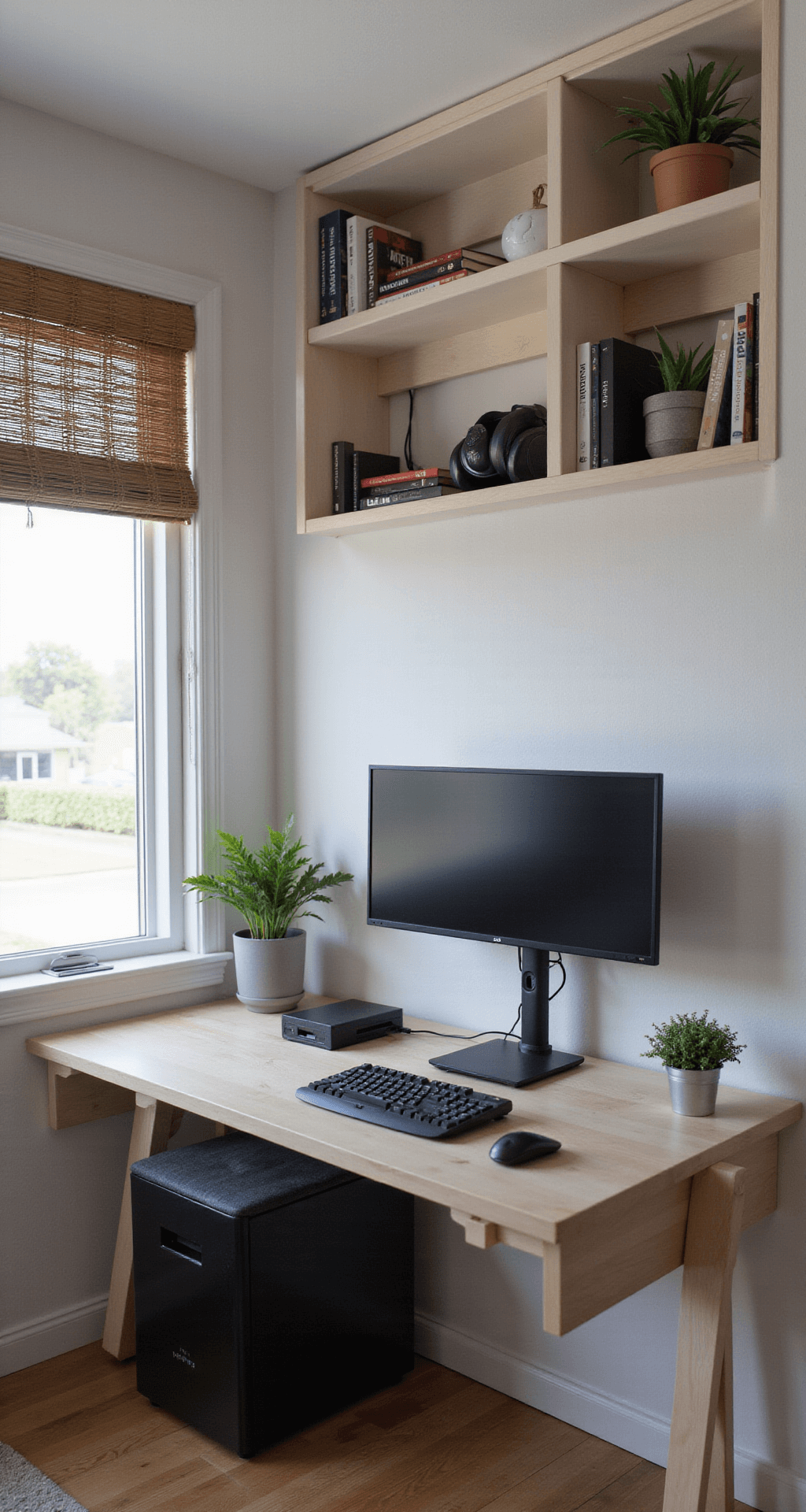 A minimalist 8x10ft home office transitioning to a gaming setup, featuring a floating desk with a hidden gaming compartment, ultrawide monitor, gray gaming chair, wall-mounted shelves with books and memorabilia, a small plant, and a compact PC in a custom cabinet, all illuminated by morning light.