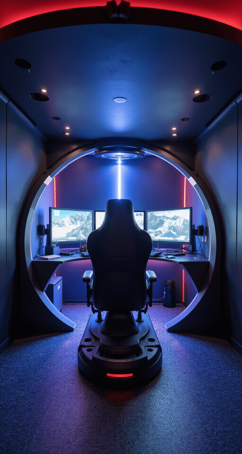 A futuristic gaming pod with a cockpit-style chair in a circular, windowless room featuring matte black walls, a 270-degree curved screen, floating holographic displays, and ambient lighting, all captured from above with dramatic, dynamic lighting.