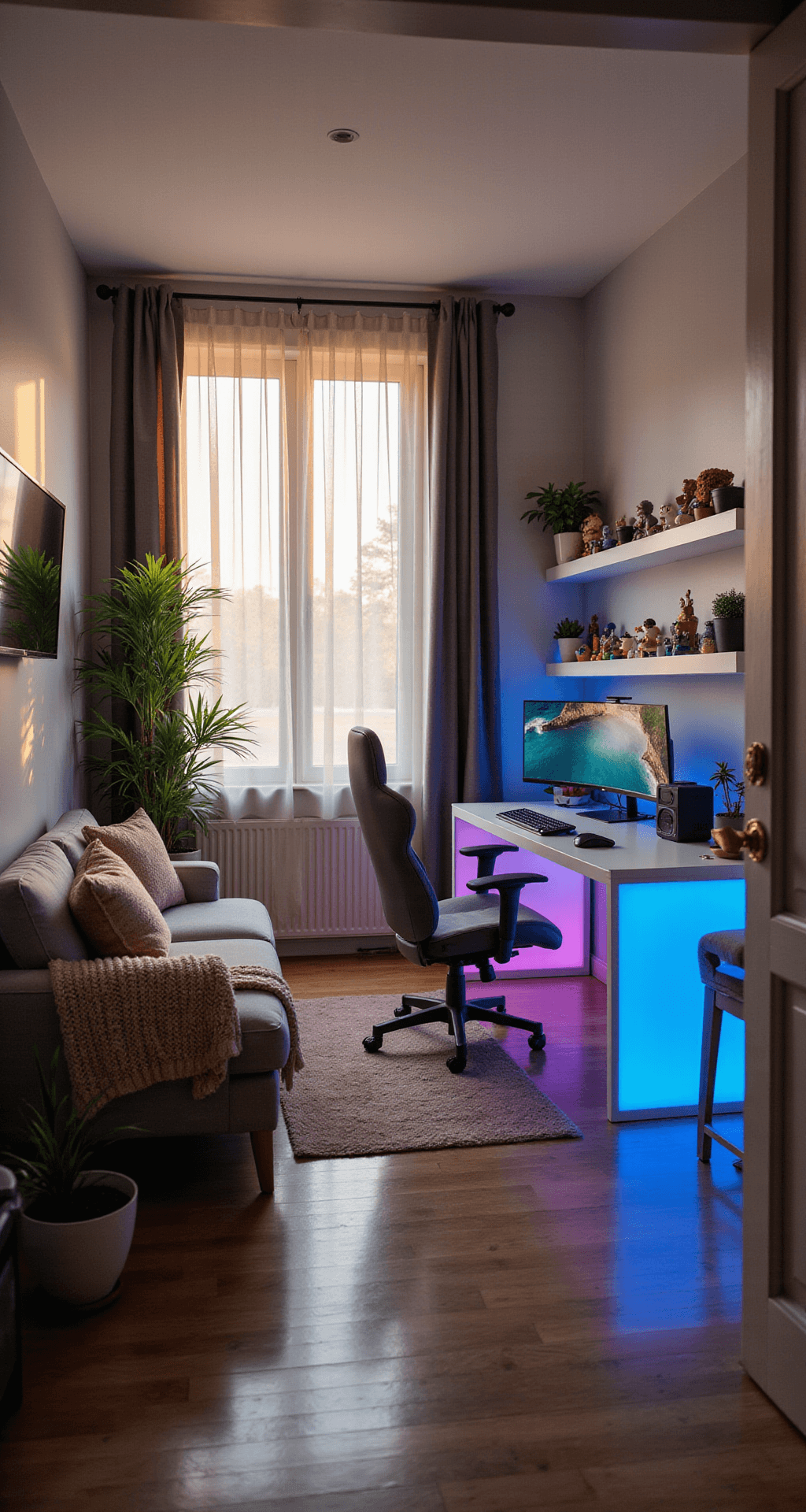 Cozy game room with warm afternoon light, sleek ultrawide monitor on a modern desk, RGB LED strips, plush gaming chair, floating shelves with figurines, small loveseat facing wall-mounted TV, and potted plants in corners.