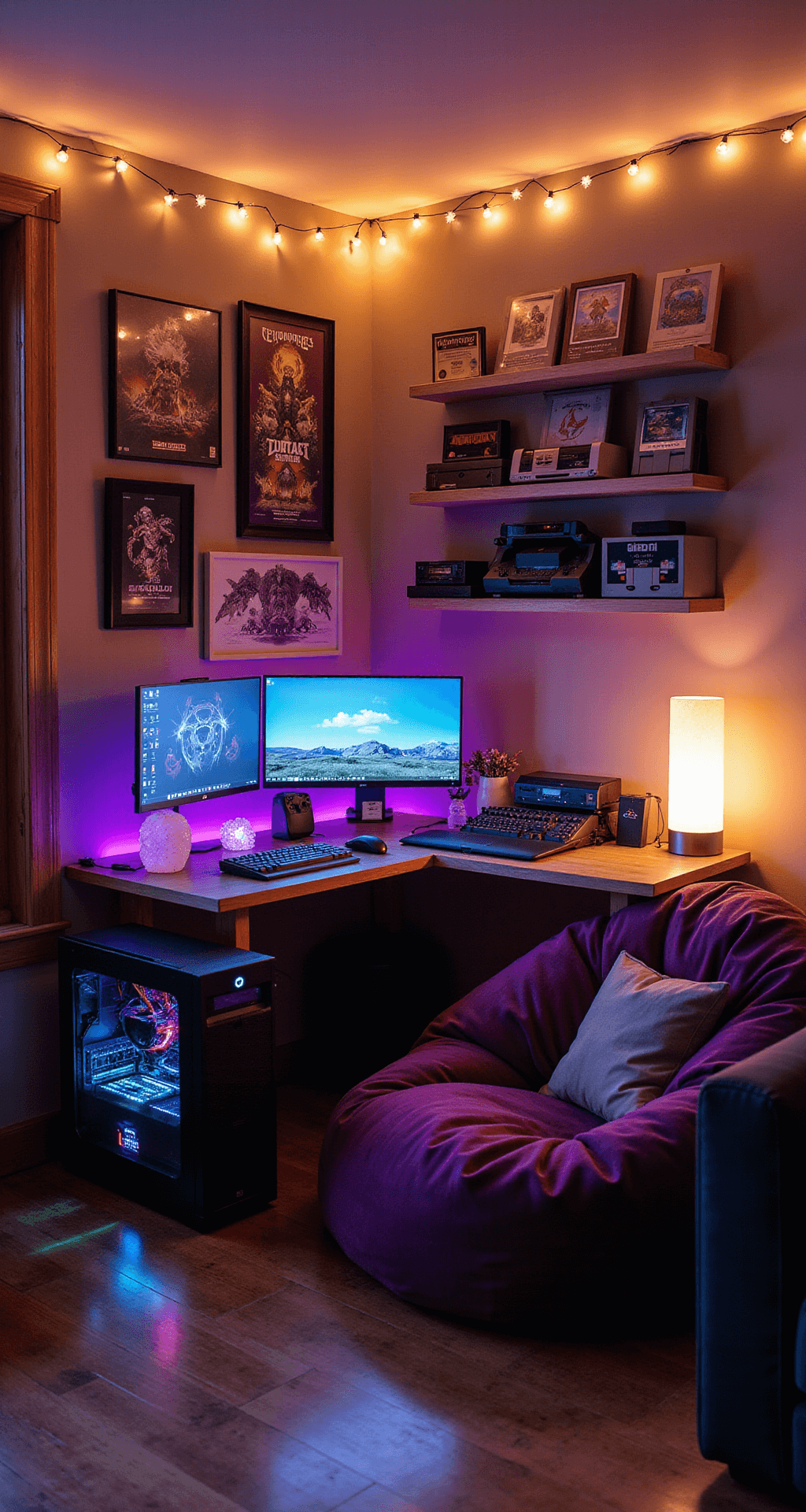 A cozy 10x10 gaming nook with an L-shaped desk, dual monitors, and a custom PC, surrounded by fairy lights and a salt lamp, featuring collectibles and vintage game cartridges, a purple velvet bean bag, pixel art, and modern gaming posters, viewed from a low angle.
