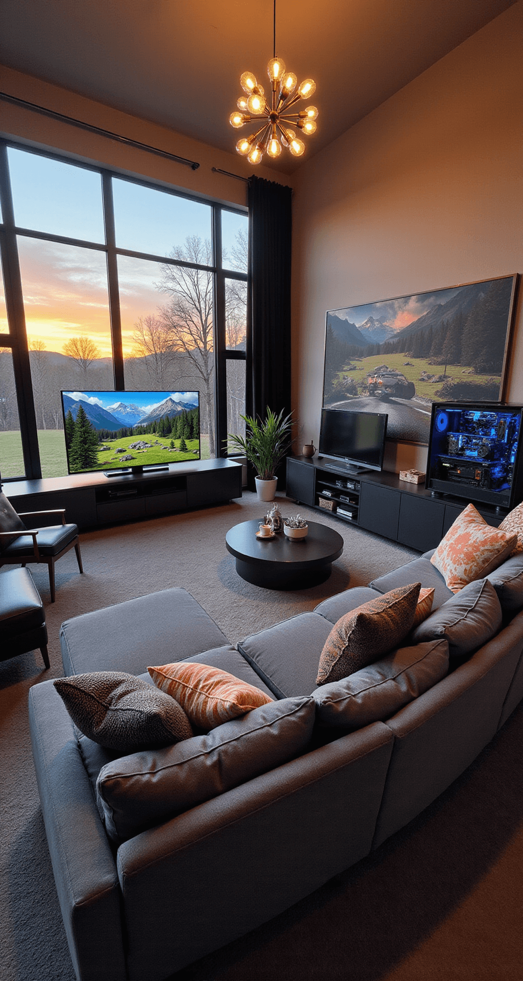 A spacious 15x20 ft game room with vaulted ceilings at golden hour, featuring large windows, a curved TV above a sleek entertainment center, a charcoal gray sectional sofa with themed throw pillows, a PC gaming station with a water-cooled rig, and a modern sputnik chandelier, all showcasing a blend of industrial and soft textures.