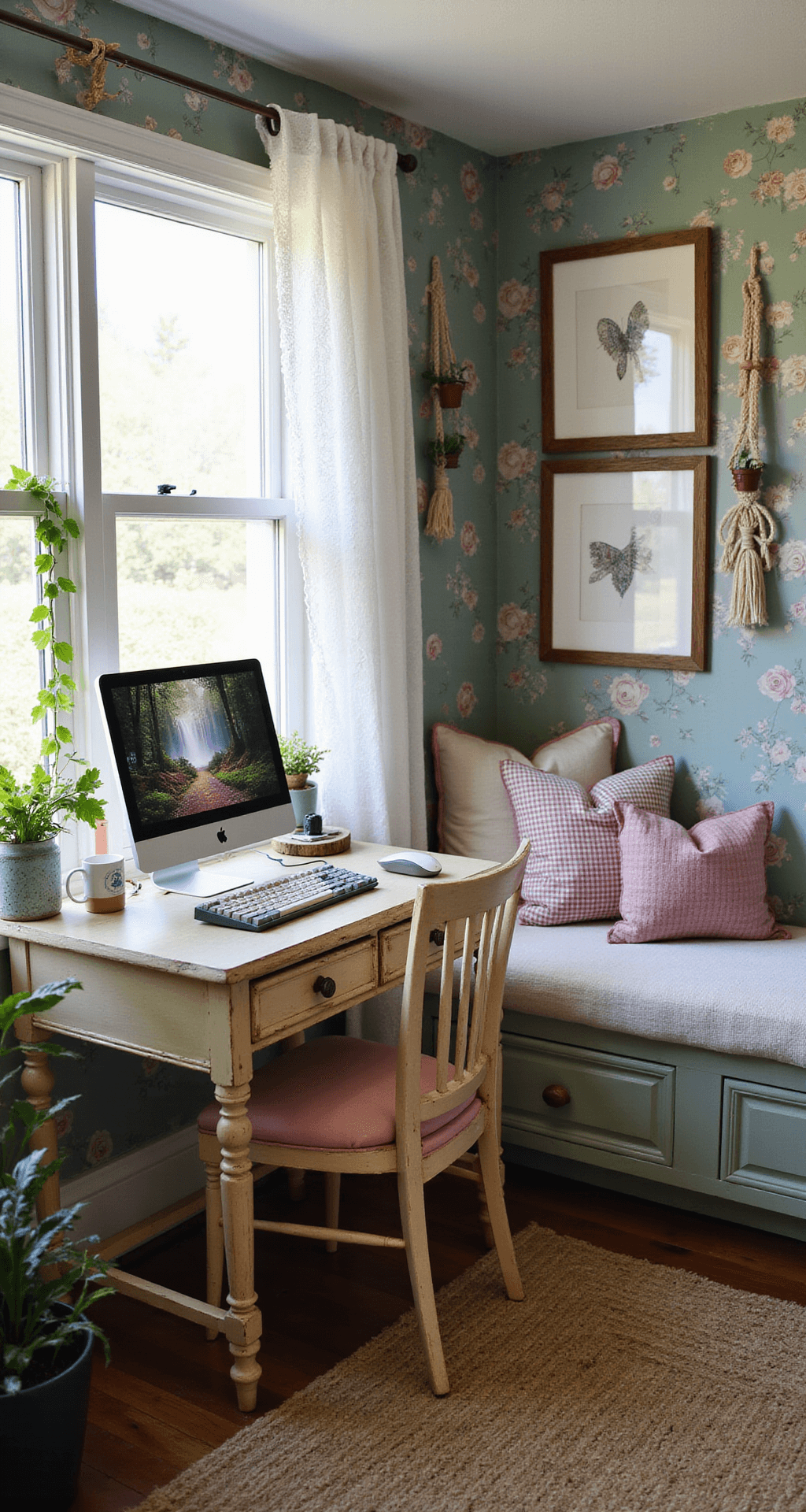A cozy cottagecore-inspired game room featuring a vintage wooden desk with a pastel-colored PC setup, floral keycaps, and trailing ivy in macramé hangers, illuminated by morning light through lace curtains. A plush window seat with gingham cushions is visible in the background, complemented by floral wallpaper and a braided jute rug on worn wood floors.