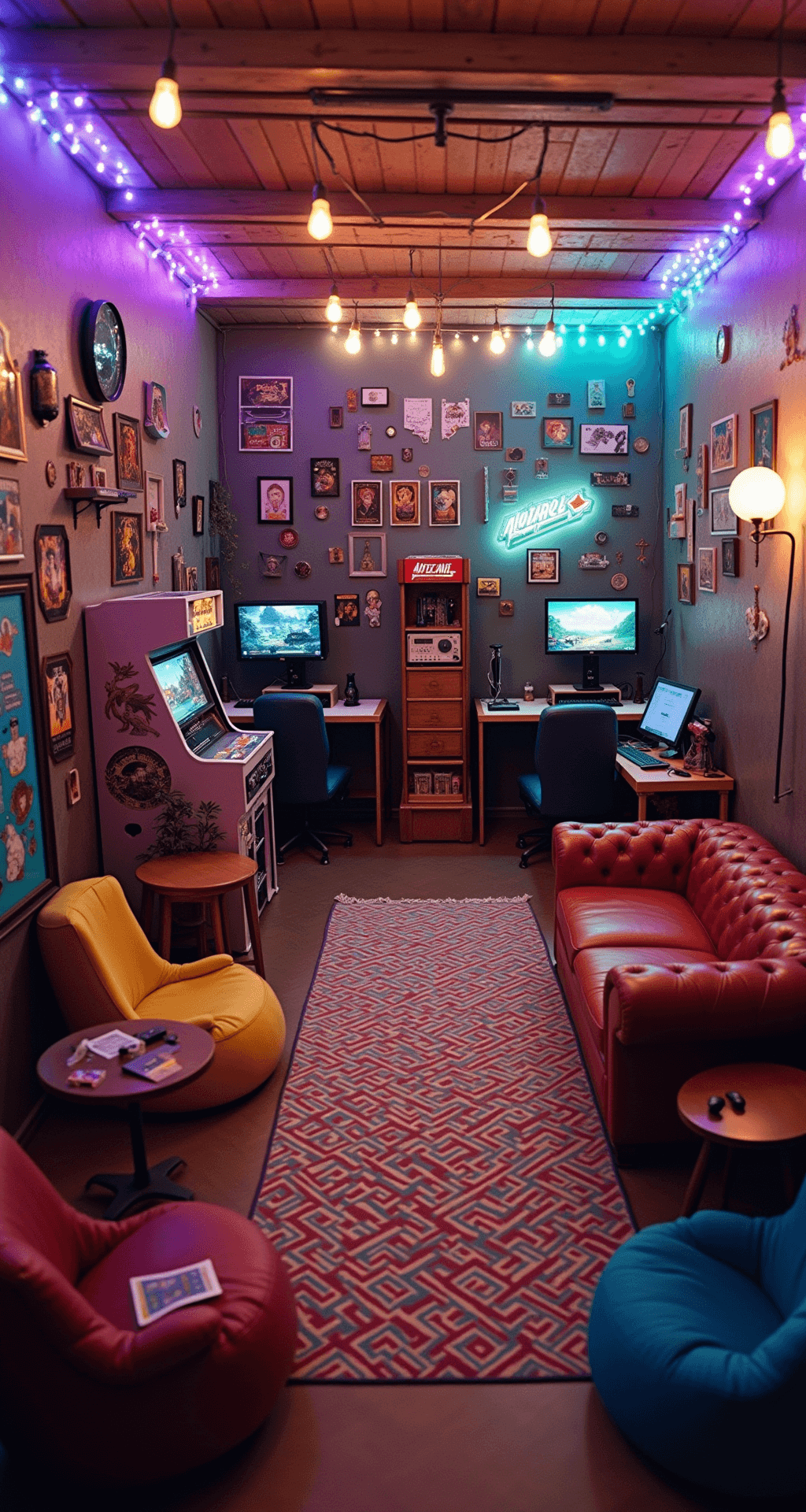 Eclectic game room featuring a retro arcade corner, modern console area with beanbags and projector, and a PC battlestation, all illuminated by Edison bulbs and smart lights, showcasing vintage furniture and gaming memorabilia.