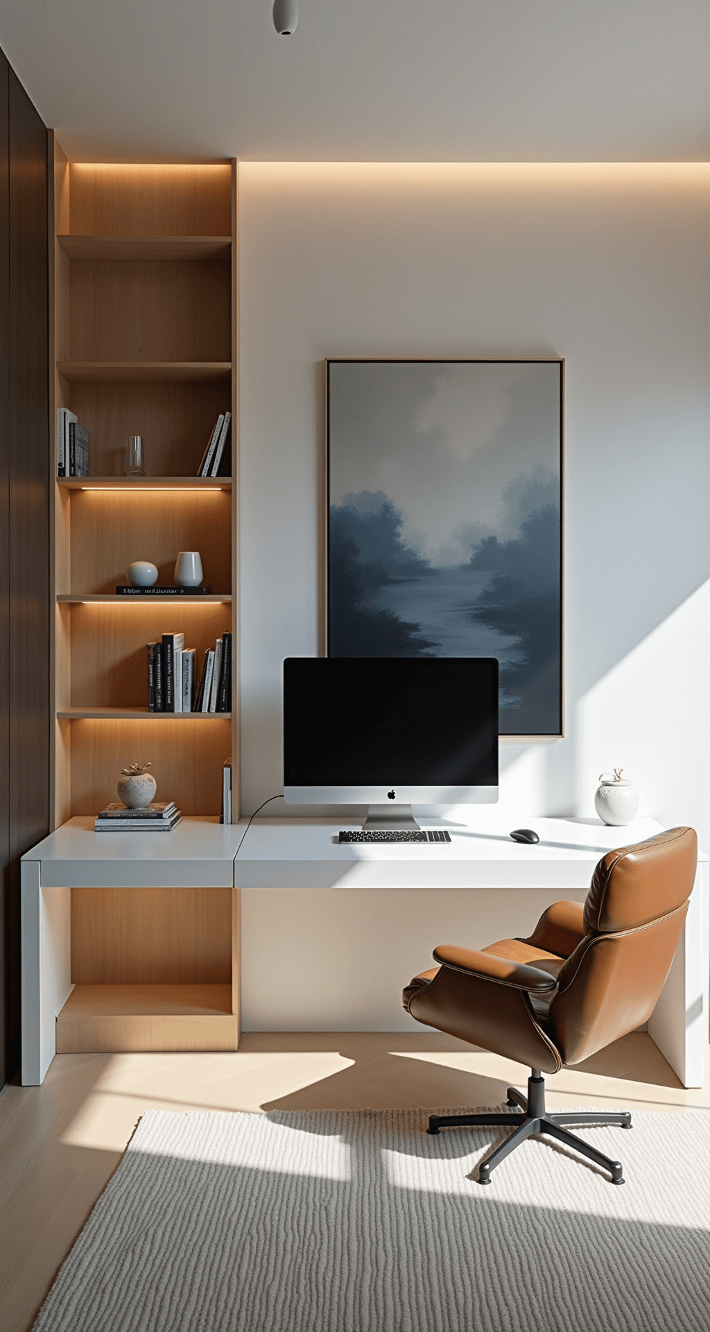 A minimalist game room featuring a white lacquer floating desk with a large monitor, a cognac leather Eames-style chair, light wood built-in shelving with a few books and objects, an abstract canvas in blue and gray on the opposite wall, and soft warm LED strip lighting, all set in a cool morning light ambiance.