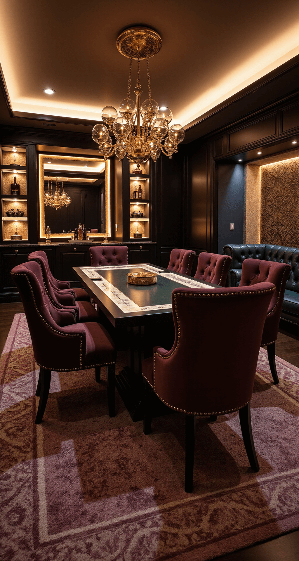 A luxurious game room featuring a custom gaming table with LED lighting, surrounded by dark velvet high-back chairs, with a modern chandelier above and a wet bar showcasing boardgames and spirits, all set in deep burgundy, navy, and gold tones with art deco wallpaper.
