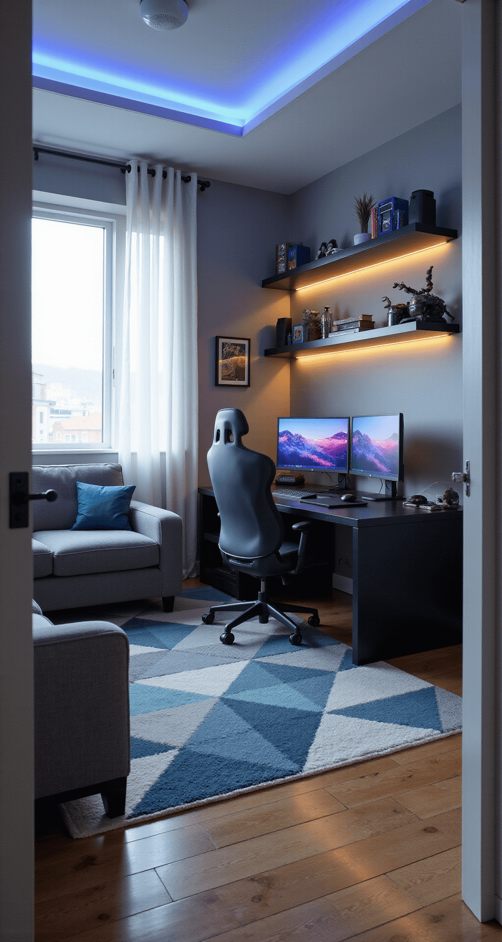 A cozy 100 sq ft game room with soft afternoon light, featuring a matte black L-shaped desk with dual monitors, a charcoal gray gaming chair, light gray walls with collectible displays, blue LED strip lighting, a small gray loveseat, and a geometric area rug.