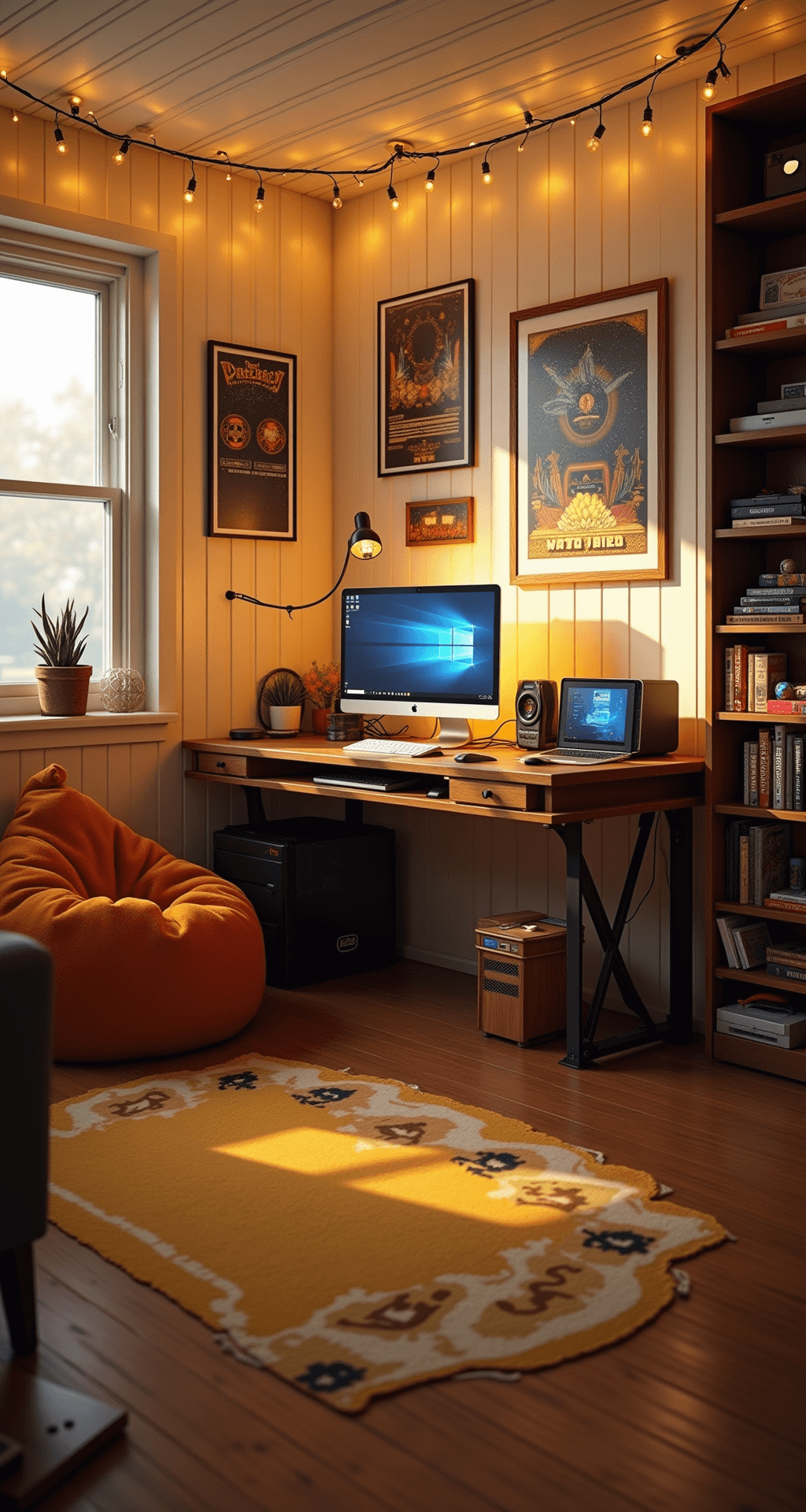 A cozy retro-inspired game room featuring a vintage wooden desk with a modern gaming rig, warm golden hour light, creamy off-white wood paneling with framed pixel art and game posters, a plush burnt orange bean bag chair, a tall bookshelf of retro consoles, string lights, and a bold geometric rug.