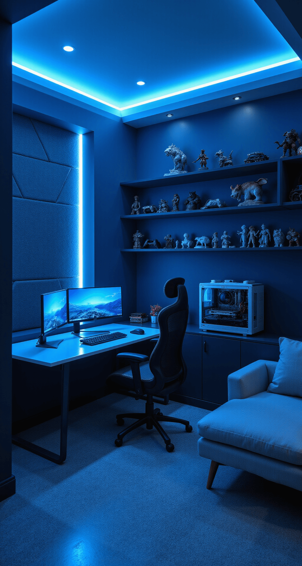 A modern, minimalist gaming nook featuring a floating white desk with triple monitors and a clear-panel custom PC, surrounded by deep navy walls and a hexagonal sound-absorbing accent wall, illuminated by blue LED lighting, with a black mesh gaming chair and gray loveseat in the corner.