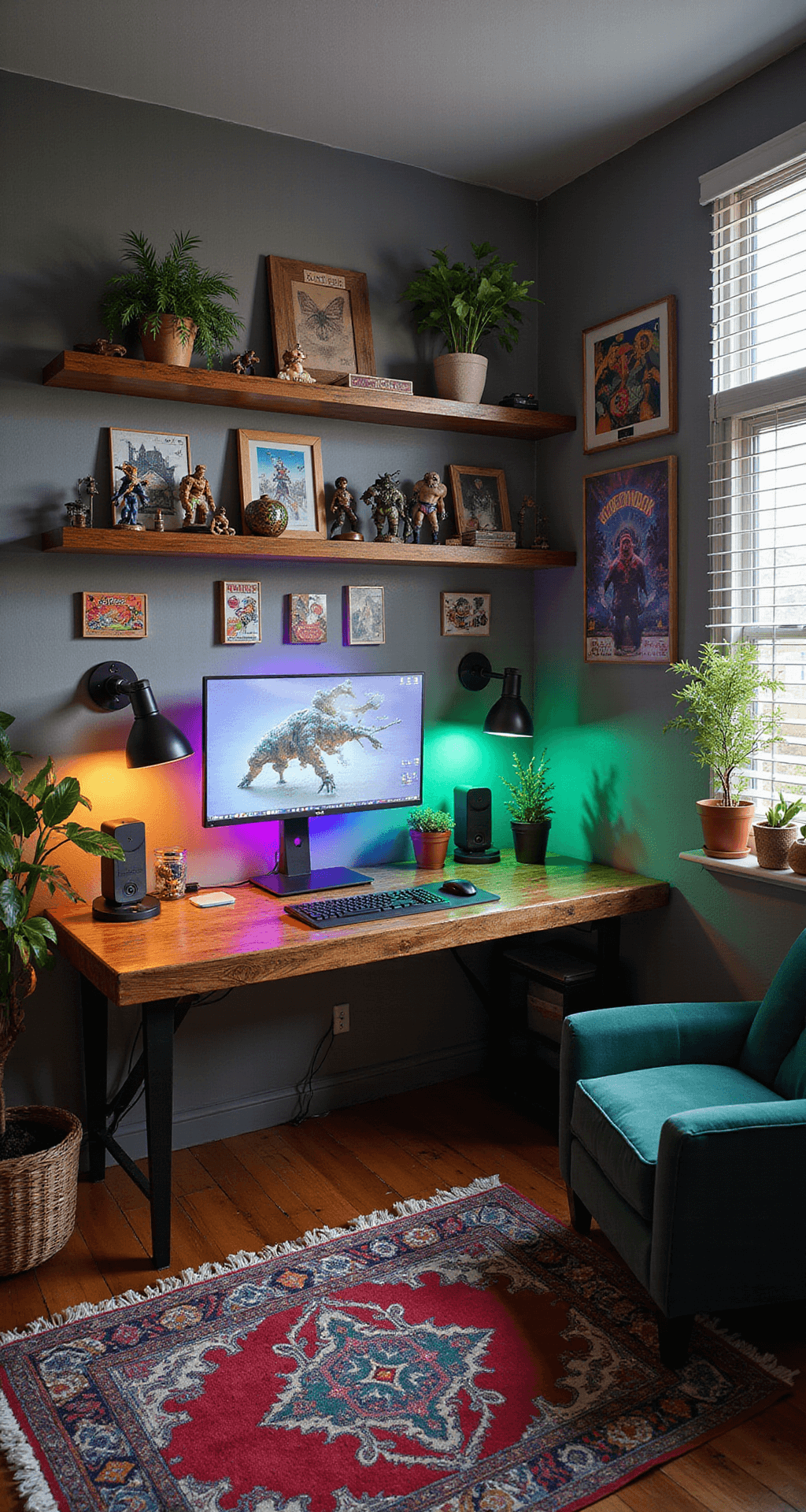 A cozy and vibrant 130 sq ft gaming room featuring a rustic wooden desk with a modern gaming setup, eclectic decor including floating shelves with action figures and plants, framed game art on the walls, a vintage arcade cabinet, and an emerald green velvet sofa, all illuminated by natural light and colorful LED strips.