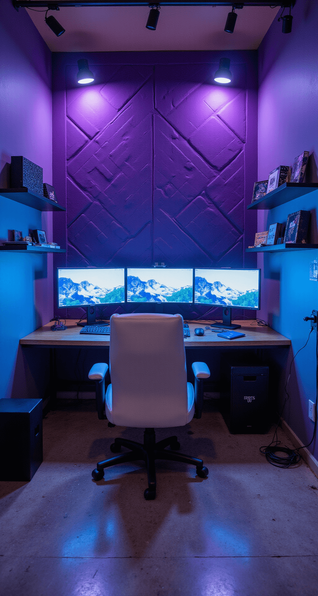 A compact 85 sq ft streaming setup featuring a custom desk with dual monitors, soft lighting from ring lights and softboxes, sound-dampening foam panels in purple to blue, a white leather gaming chair, floating shelves with awards and products, and dynamic LED light panels, all set against a polished concrete floor.