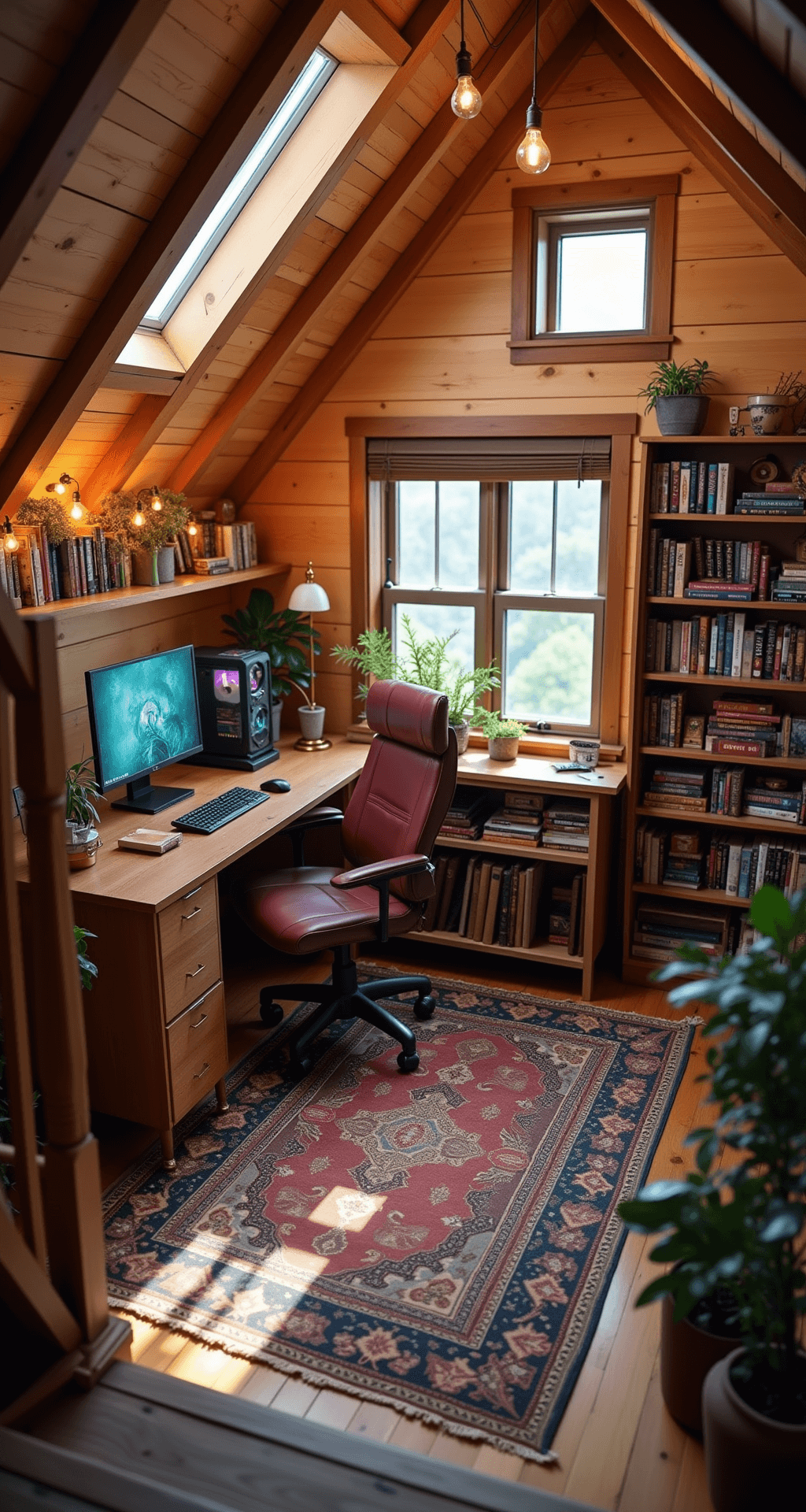 A cozy gaming loft featuring slanted ceilings, exposed wooden beams, and warm lighting from a skylight and Edison bulbs. A reclaimed wood L-shaped desk with a gaming PC sits beside a mid-century modern burgundy leather chair. A floor-to-ceiling bookshelf filled with games and novels adorns one wall, while a small round table with vintage chairs creates a tabletop gaming area, all set on overlapping Persian-style rugs in warm tones.