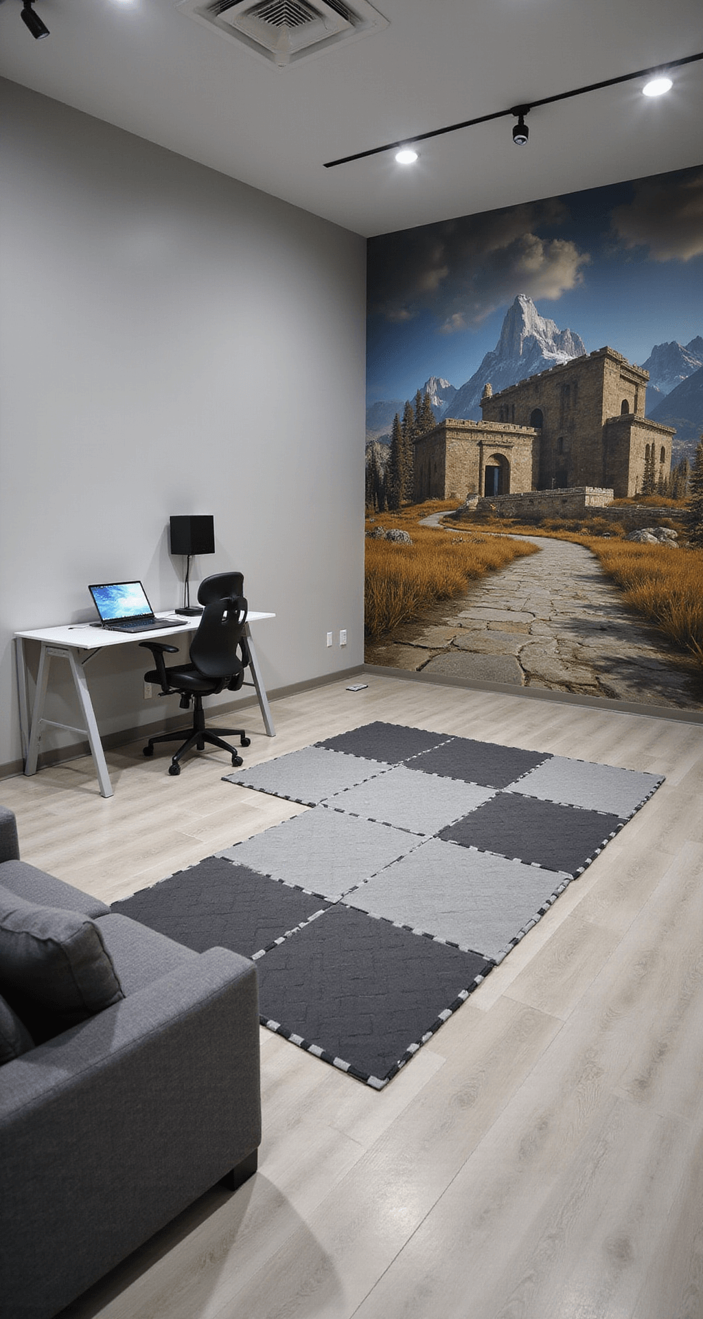 A spacious VR-ready game room featuring high ceilings, divided into a traditional gaming area with a sleek white desk and high-back chair, and a cleared VR play zone with geometric impact-absorbing mats. Light gray walls with an accent mural of a fantasy landscape, a charcoal gray modular sofa, hidden cable management, and high-mounted surround sound speakers are also visible.