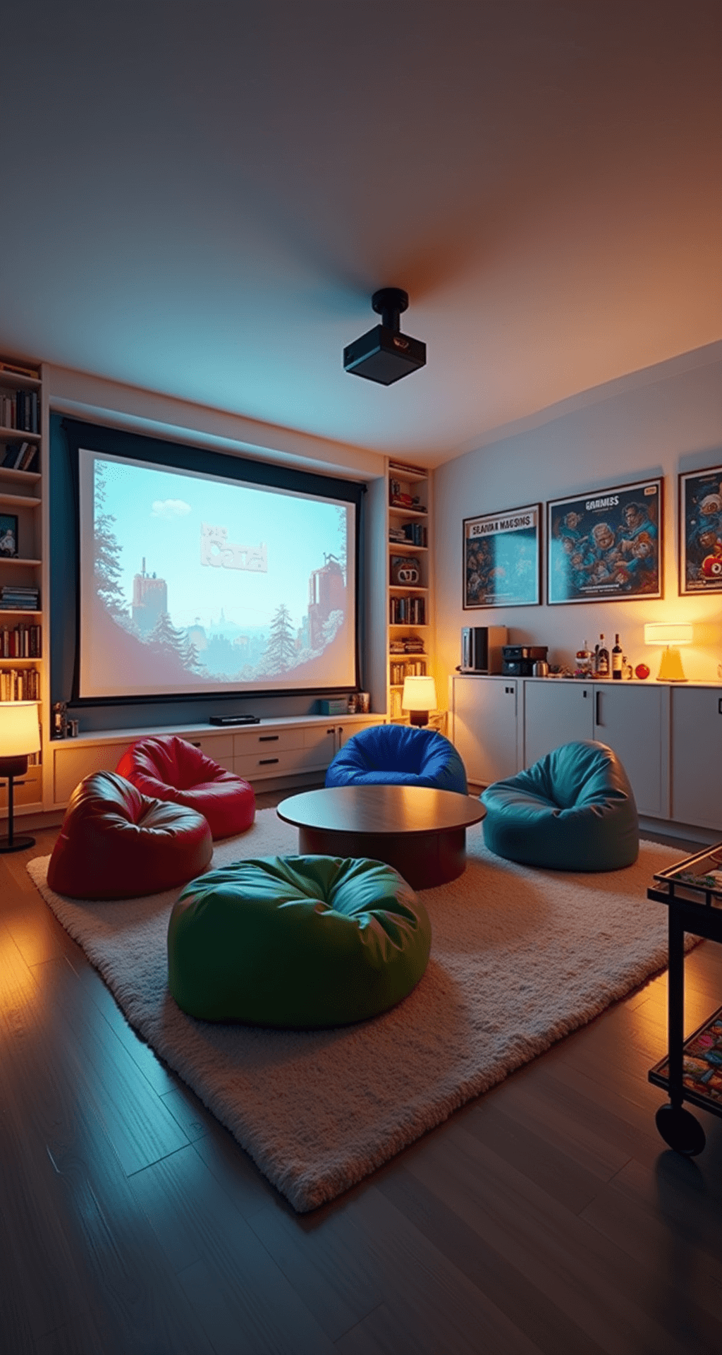 Game Room Glory: Transform Your Space into a Gamer's Paradise A modern living room repurposed as a multiplayer gaming haven, featuring colorful bean bag chairs, a central coffee table, a projector screen, built-in cabinets for consoles, vintage game posters on white walls, and a cozy bar cart, all illuminated by warm twilight and strategically placed lamps.