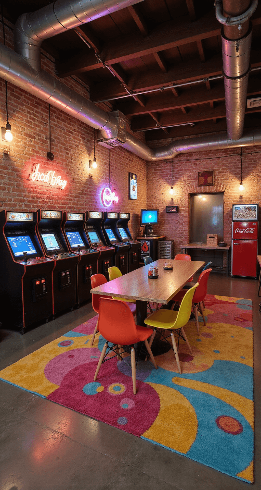 Game Room Glory: Transform Your Space into a Gamer's Paradise An industrial-chic loft converted into a retro arcade, featuring exposed brick walls, metal ductwork, neon signs, and Edison bulbs. Restored arcade cabinets line one wall, with a colorful Pac-Man maze rug on the polished concrete floor. A custom tabletop gaming table surrounded by vibrant mid-century modern chairs is centrally located, with a kitchenette area showcasing a popcorn machine and vintage Coca-Cola fridge.