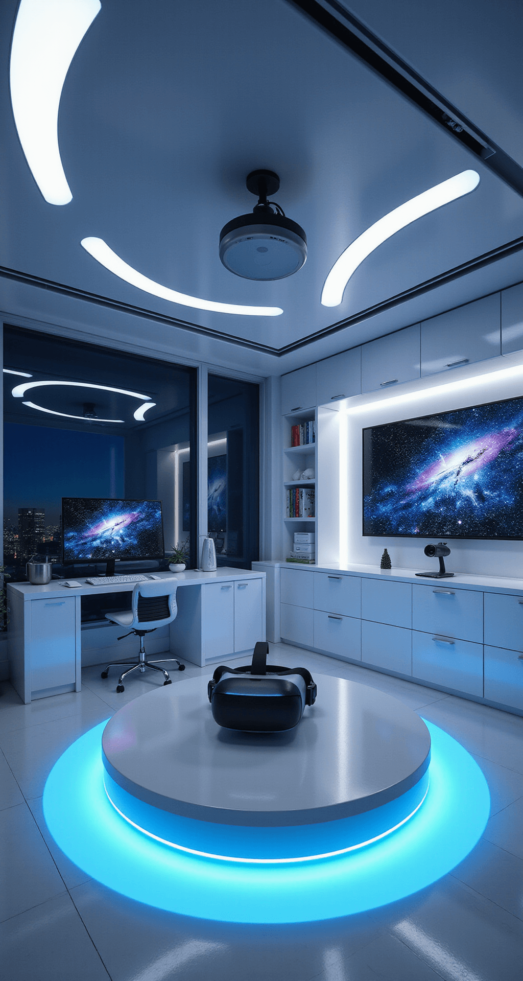 Game Room Glory: Transform Your Space into a Gamer's Paradise A futuristic home office transformed into a VR playground, featuring smart glass windows, a central circular VR platform with motion sensors, sleek white storage units with digital art screens, a compact workstation with a curved monitor, advanced motion tracking, customizable LED lighting in white and silver with electric blue accents, and a camera on a sliding track for dynamic movement.