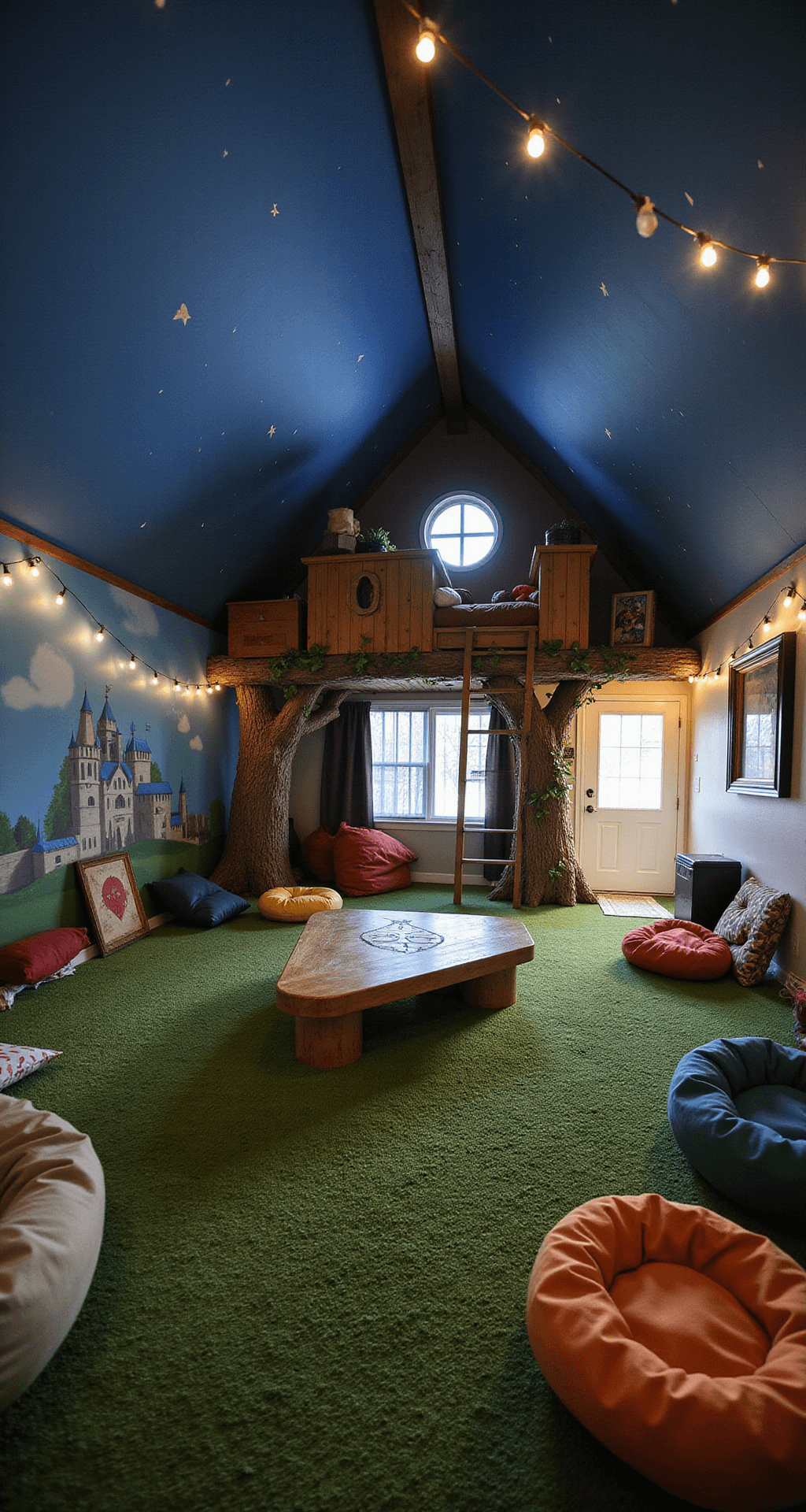 Game Room Glory: Transform Your Space into a Gamer's Paradise A whimsical attic transformed into a Zelda-themed retreat with a twilight sky ceiling, a treehouse loft bed with vine-like ladder, grass-like rug, Triforce-shaped table, bean bags, and framed Zelda concept art, illuminated by fairy lights.