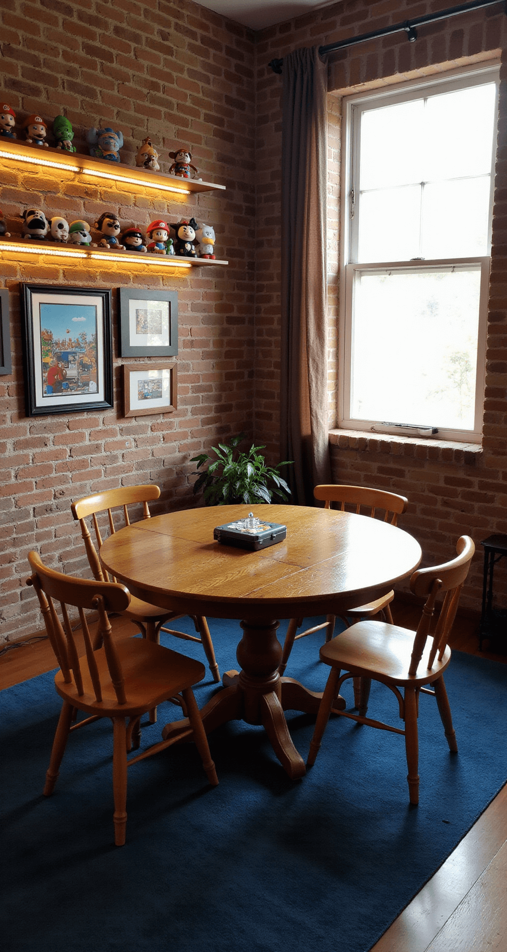 A cozy gaming room featuring exposed brick walls, warm afternoon light, a vintage round oak table with mismatched chairs, a gallery wall of framed classic board games, LED strip lights on floating shelves filled with Amiibo figures, and a deep blue plush area rug, all captured at eye level to highlight its rustic-meets-gamer aesthetic.