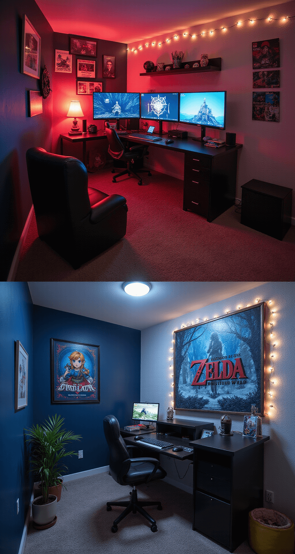 A cozy 10x12 ft gamer’s bedroom with a sleek black gaming desk and floating shelves adorned with gaming memorabilia, illuminated by a red lava lamp and string lights. The navy blue accent wall contrasts with light gray wallpaper, while a large framed puzzle of Legend of Zelda: Breath of the Wild and colorful retro-inspired posters enhance the atmosphere, captured from a low angle to emphasize the inviting cave-like feel.