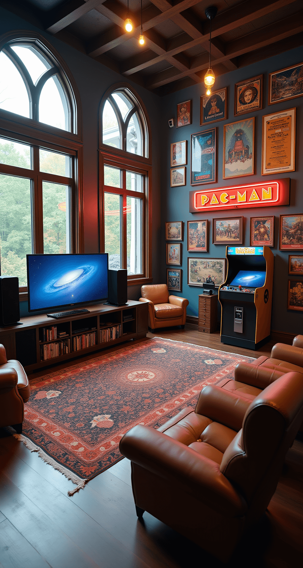 A spacious open-plan gaming area featuring floor-to-ceiling windows, a custom-built entertainment center with multiple consoles and a large 4K TV, vintage and modern gaming posters, a restored Pac-Man arcade machine with neon signage, and comfortable leather gaming chairs, captured with a wide-angle lens.
