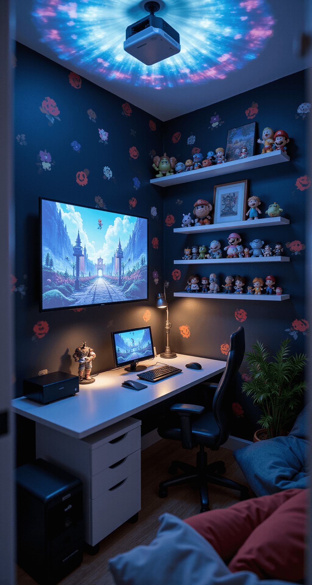 A cozy gaming nook featuring a white desk, dark charcoal walls adorned with Nintendo-themed decals, and a ceiling-mounted projector casting vibrant animated game art. Floating shelves display gaming figurines, while a corner is filled with bean bag seating for relaxation. The image highlights the projected art in sharp focus, with the rest of the room softly blurred for depth.
