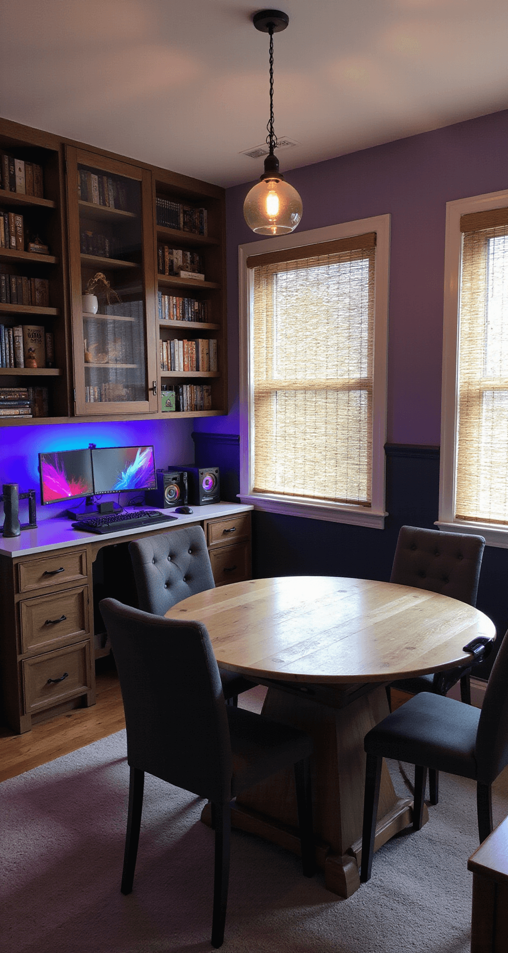 A high-angle view of a multi-purpose gaming room featuring a state-of-the-art PC gaming setup with dual monitors and RGB lighting on one side, and a large round tabletop gaming area surrounded by built-in bookshelves filled with games on the other. Early morning light streams through bamboo blinds, illuminating the gradient walls in deep purple and soft lavender, with industrial-style pendant lights hanging above.