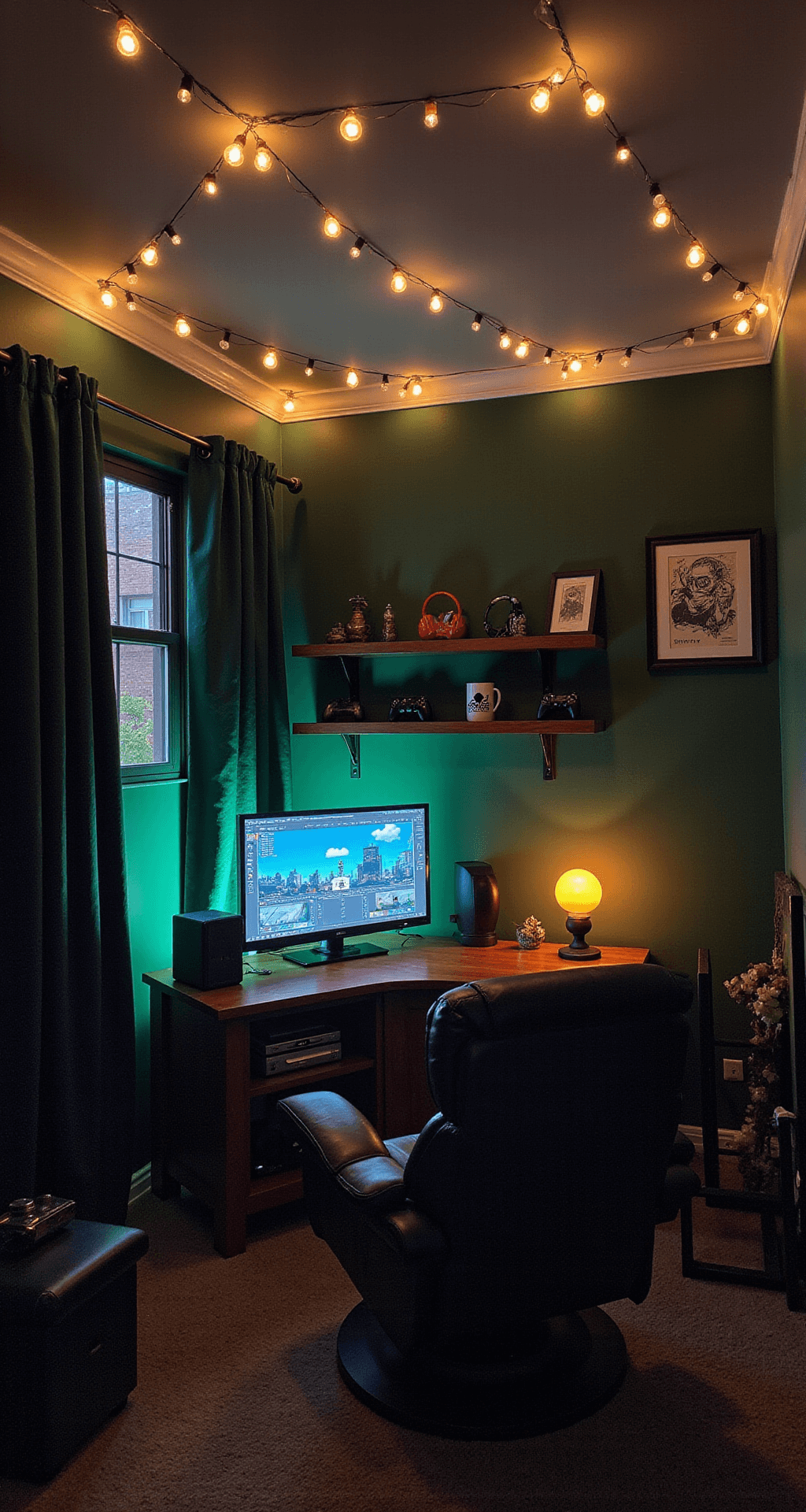 A cozy 10x12 ft gaming room with dark wood shelves displaying gaming merchandise against a forest green wall, illuminated by string lights and LED strips. A comfortable recliner faces a wall-mounted TV, accompanied by a side table with a vintage lava lamp, all framed by thick curtains for optimal lighting.