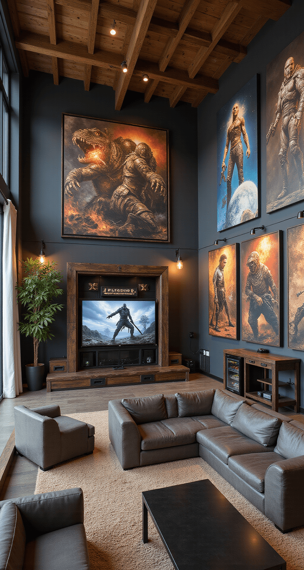 An expansive gaming lounge featuring high ceilings with exposed wooden beams, a custom-built gaming pod with integrated speakers, walls adorned with framed concept art and oversized canvas prints of game characters, a dedicated snack station, and industrial-style metal and wood furniture, captured from an elevated wide-angle perspective.