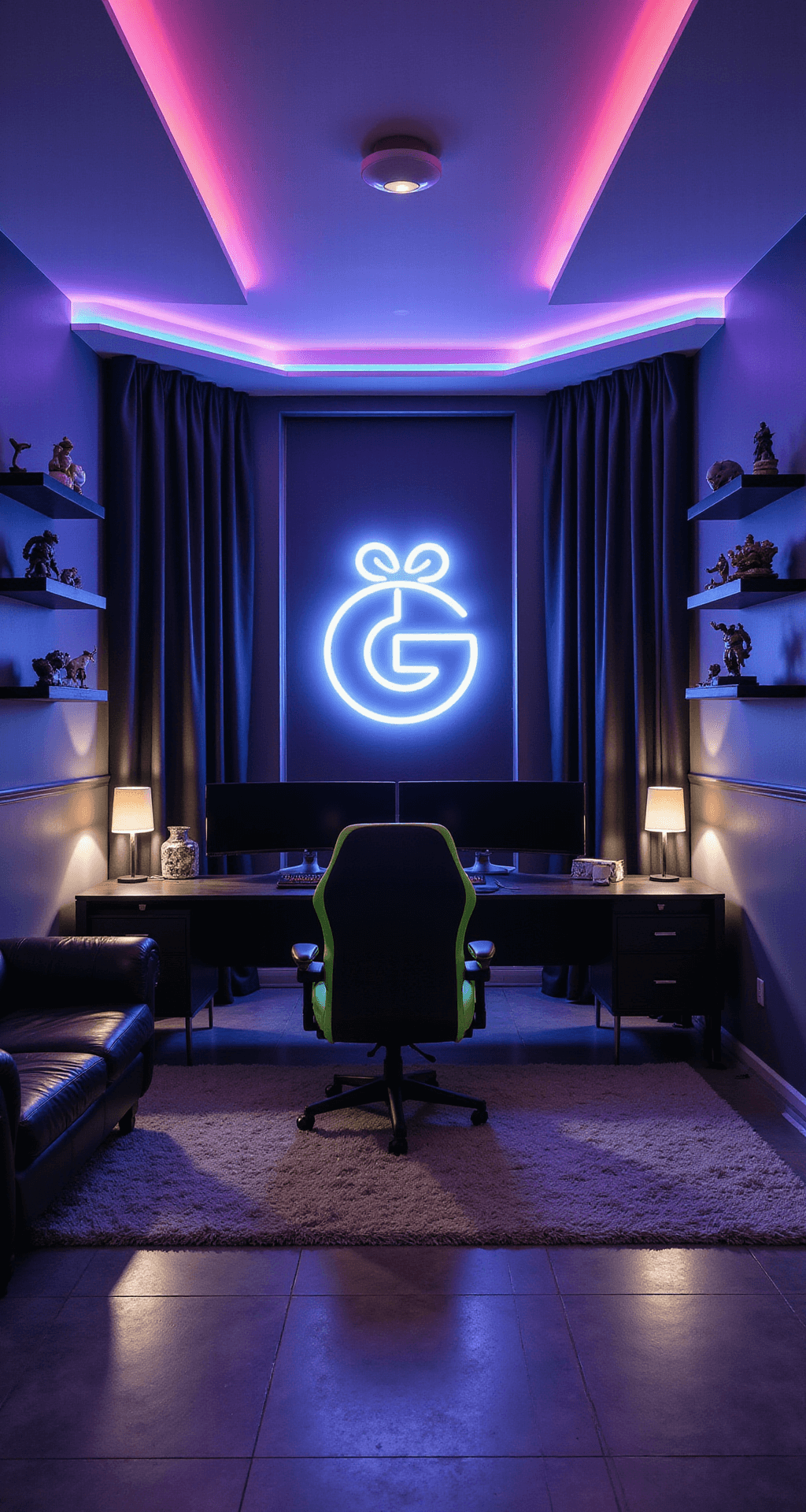 A futuristic gaming room illuminated by vibrant LED strips, featuring a curved ultrawide monitor on a sleek black desk, collectible figurines on floating shelves, and a neon green high-back gaming chair. An oversized neon game logo contrasts with the dark gray accent wall, while soft ambient lighting from smart lamps enhances the cozy atmosphere.