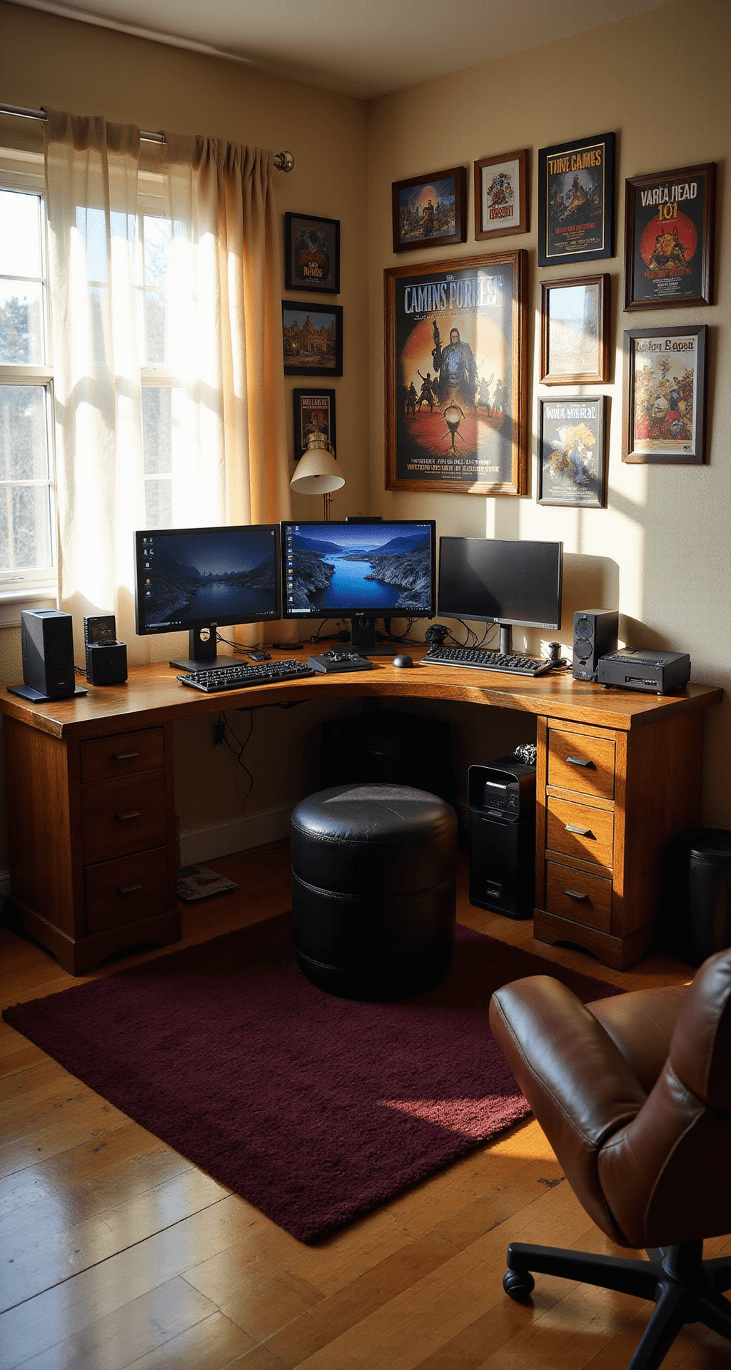 A cozy 12x12 ft gaming nook filled with warm sunlight, featuring a custom L-shaped reclaimed wood desk with multiple monitors, vintage game posters on the walls, a deep burgundy rug, and a leather armchair with an ottoman in the corner.
